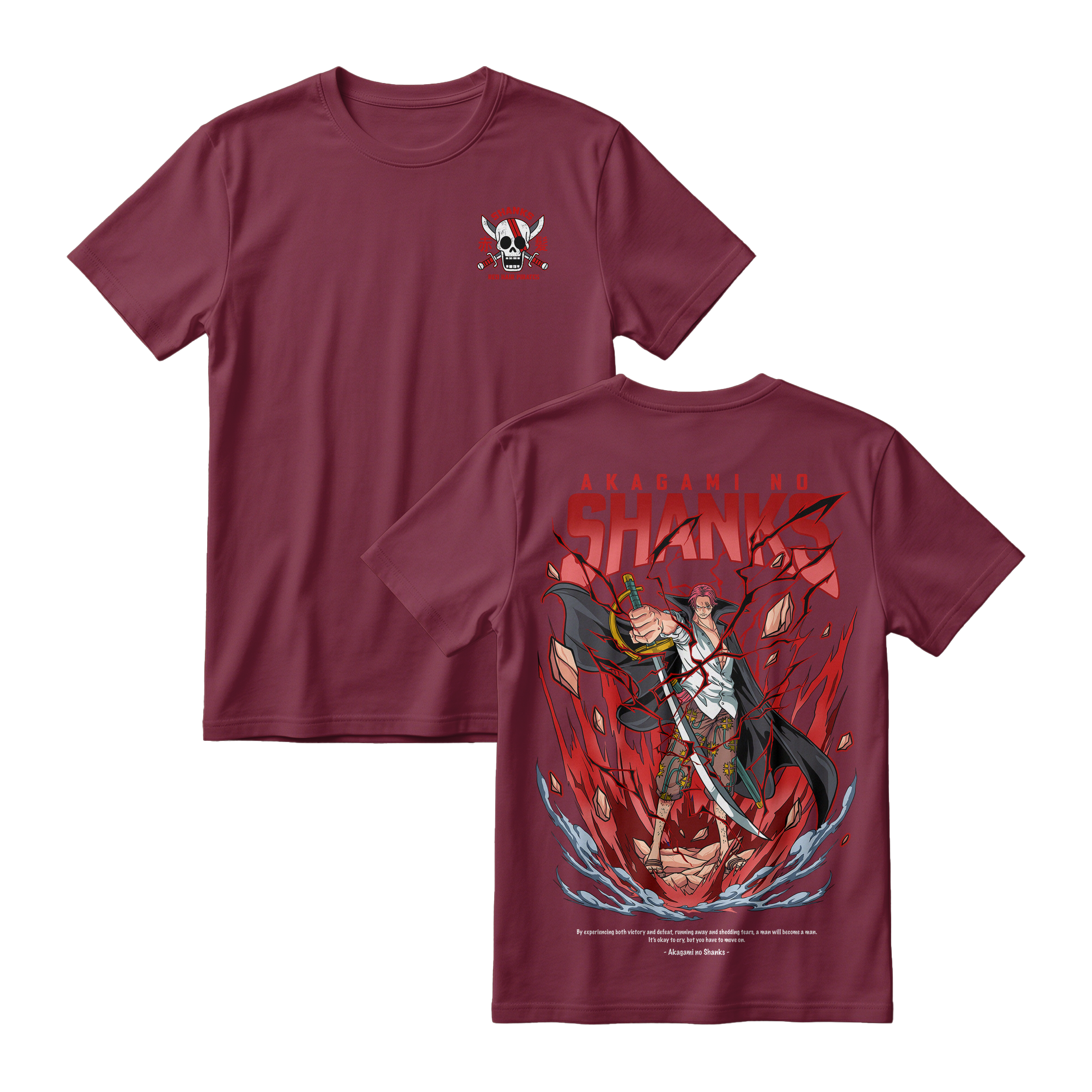Anime One Piece Akagami no Shanks Short Sleeve Tee - BURGUNDY