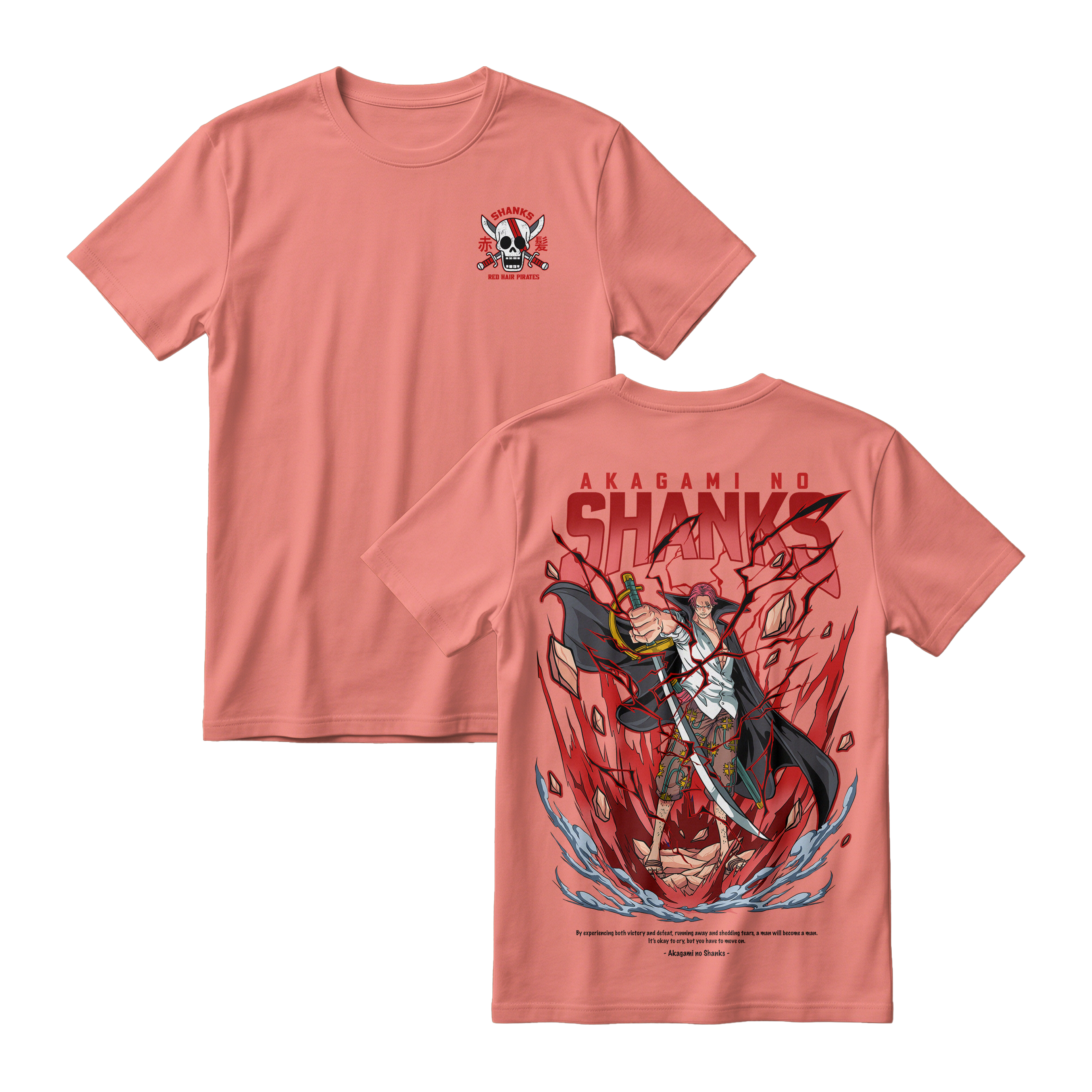 Anime One Piece Akagami no Shanks Short Sleeve Tee - CORAL