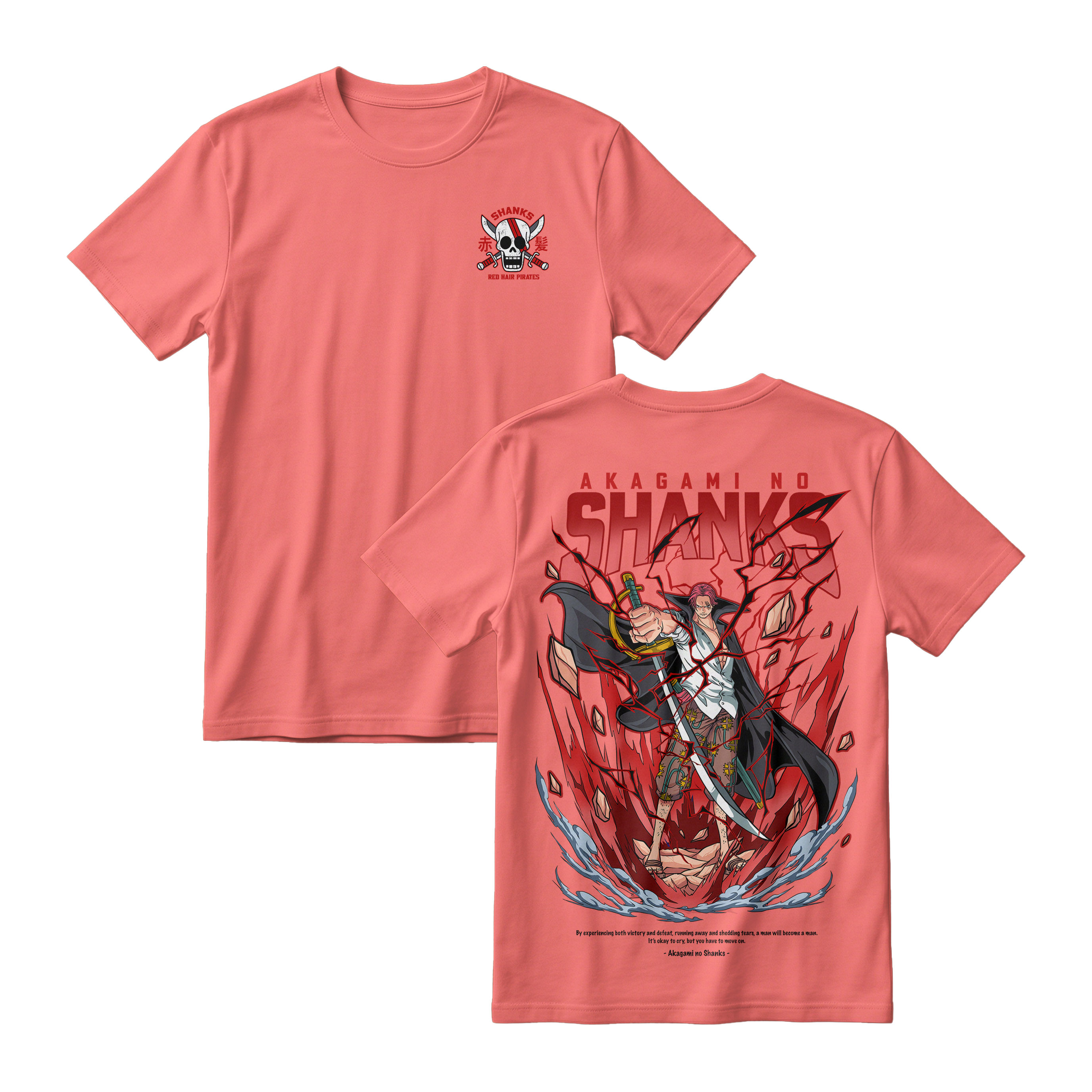 Anime One Piece Akagami no Shanks Short Sleeve Tee - SALMON