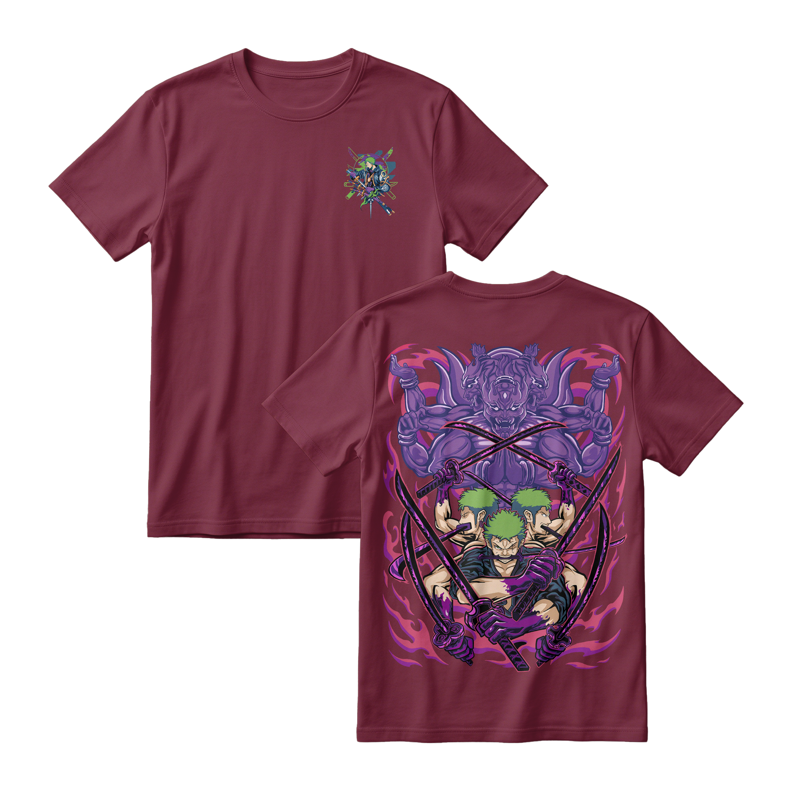 Anime One Piece Roronoa Zoro Short Sleeve Tee - BURGUNDY