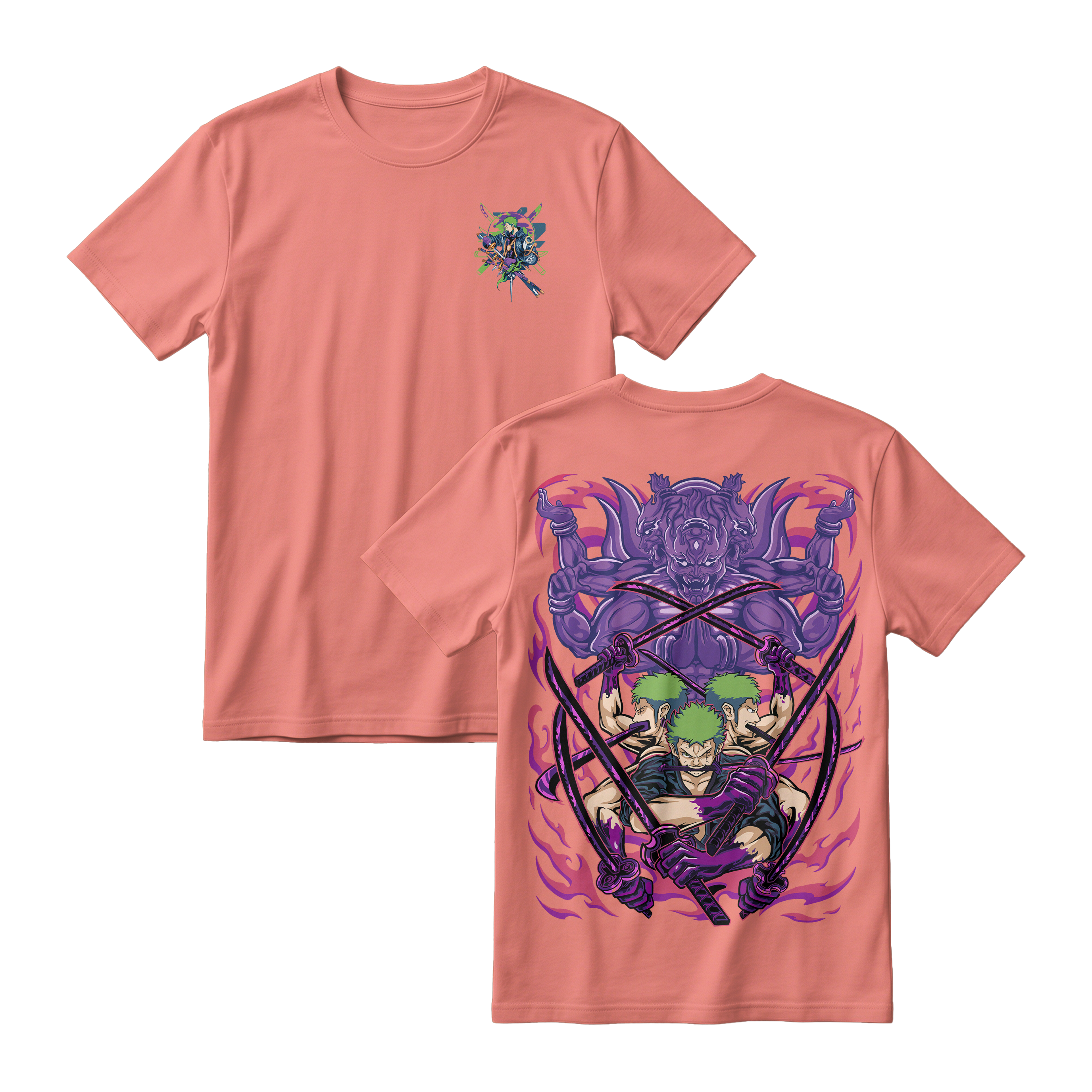 Anime One Piece Roronoa Zoro Short Sleeve Tee - CORAL
