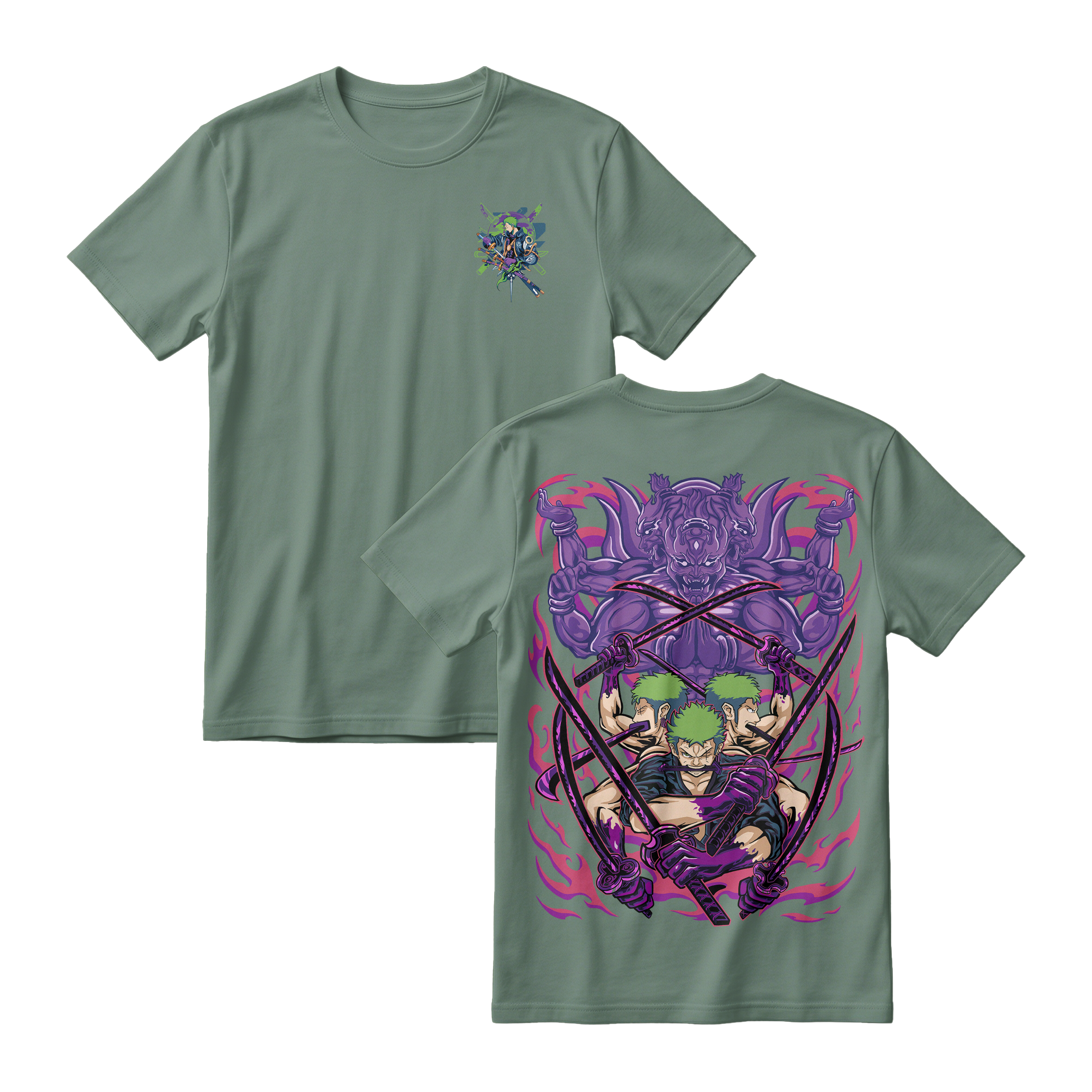 Anime One Piece Roronoa Zoro Short Sleeve Tee - GREEN-ALGAE