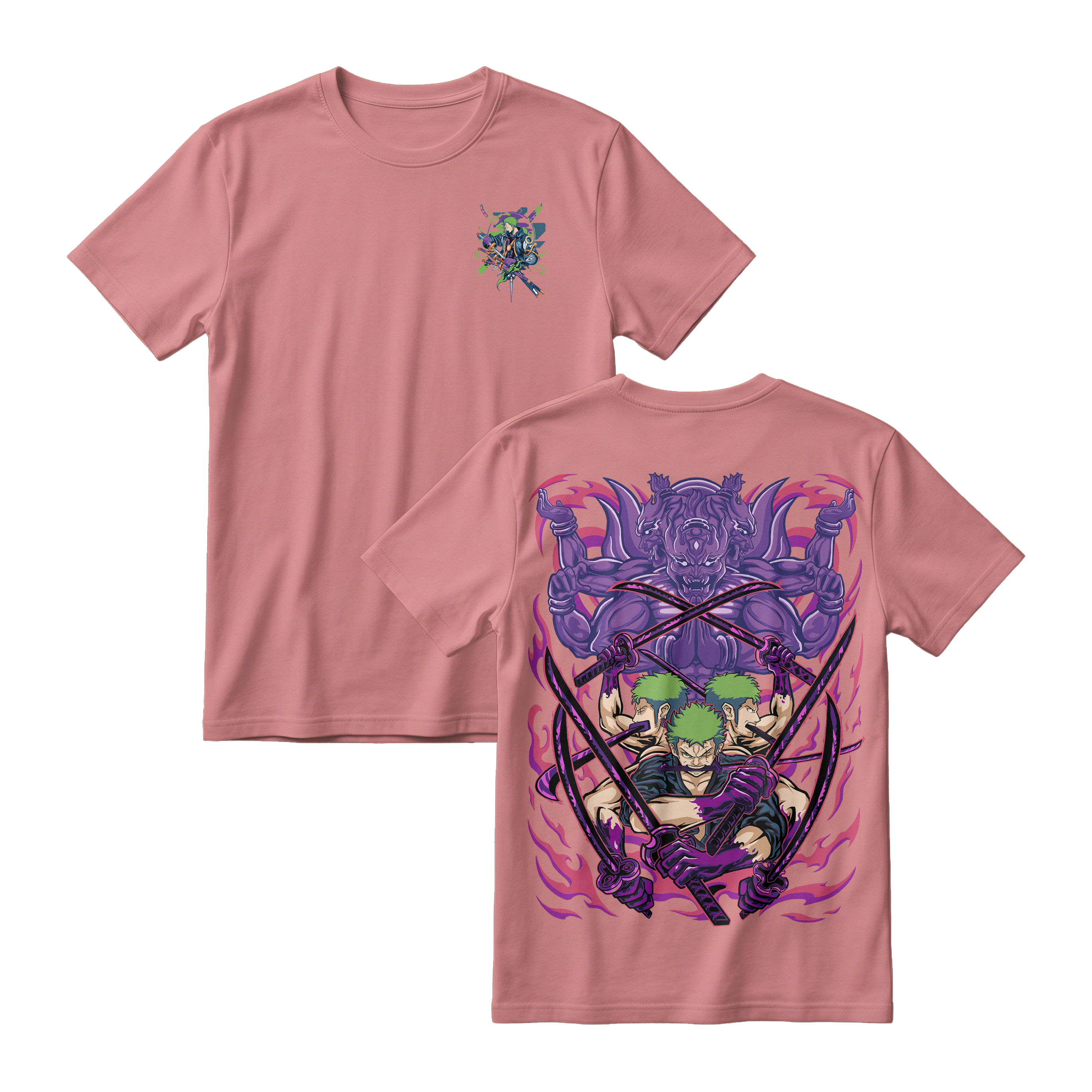 Anime One Piece Roronoa Zoro Short Sleeve Tee - PASTEL-PINK