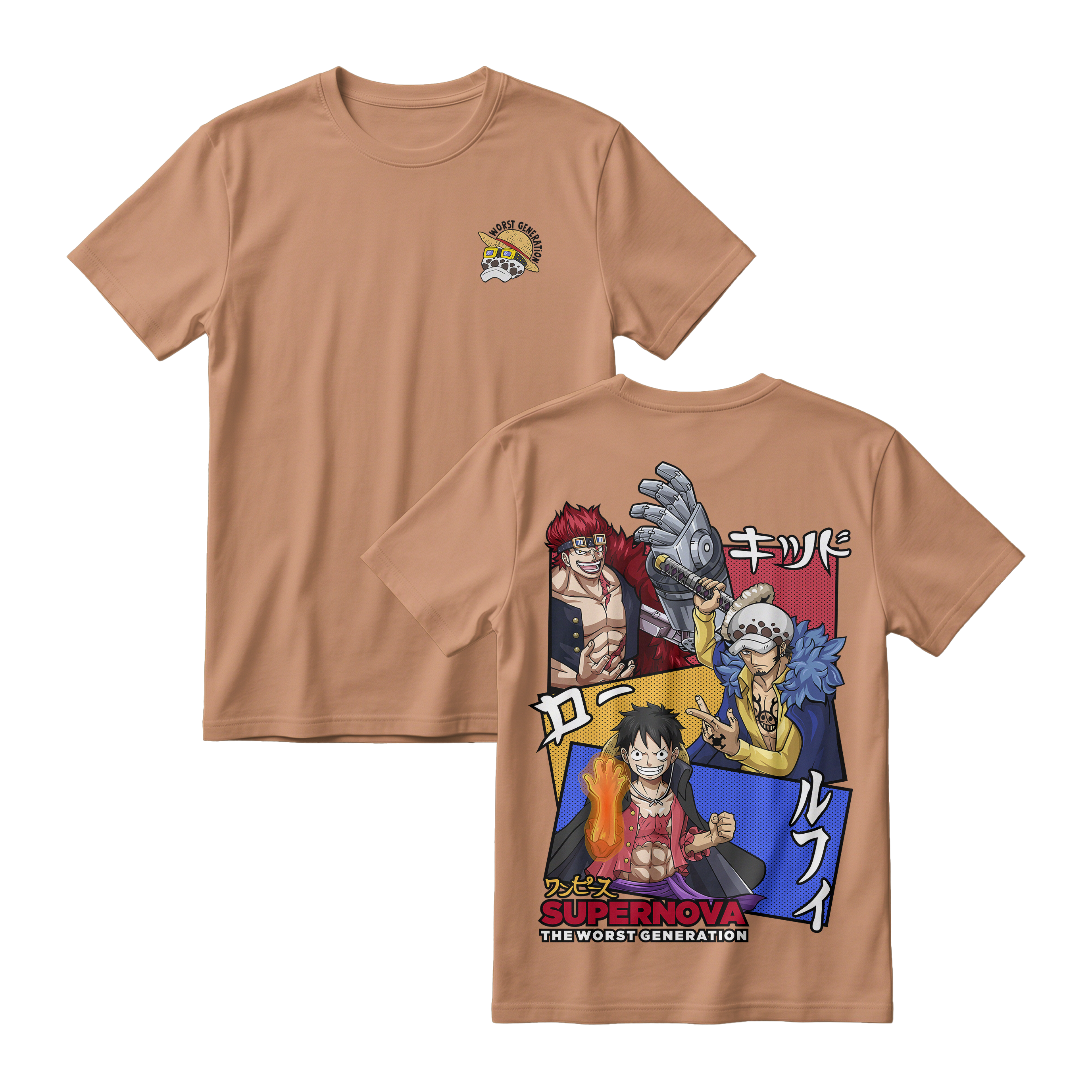Anime One Piece Supernova The Worst Generation Short Sleeve Tee - ALMOND