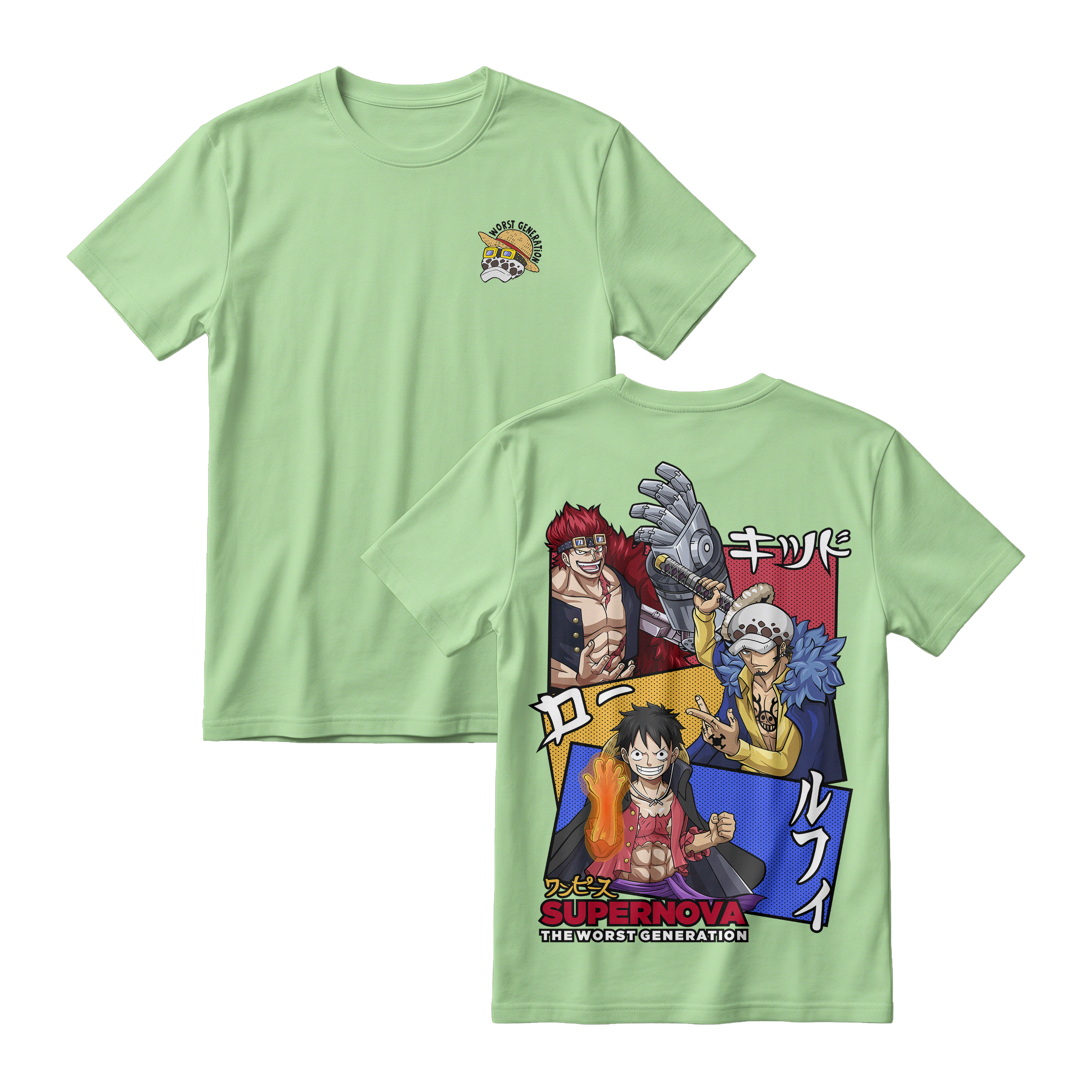 Anime One Piece Supernova The Worst Generation Short Sleeve Tee - AVOCADO