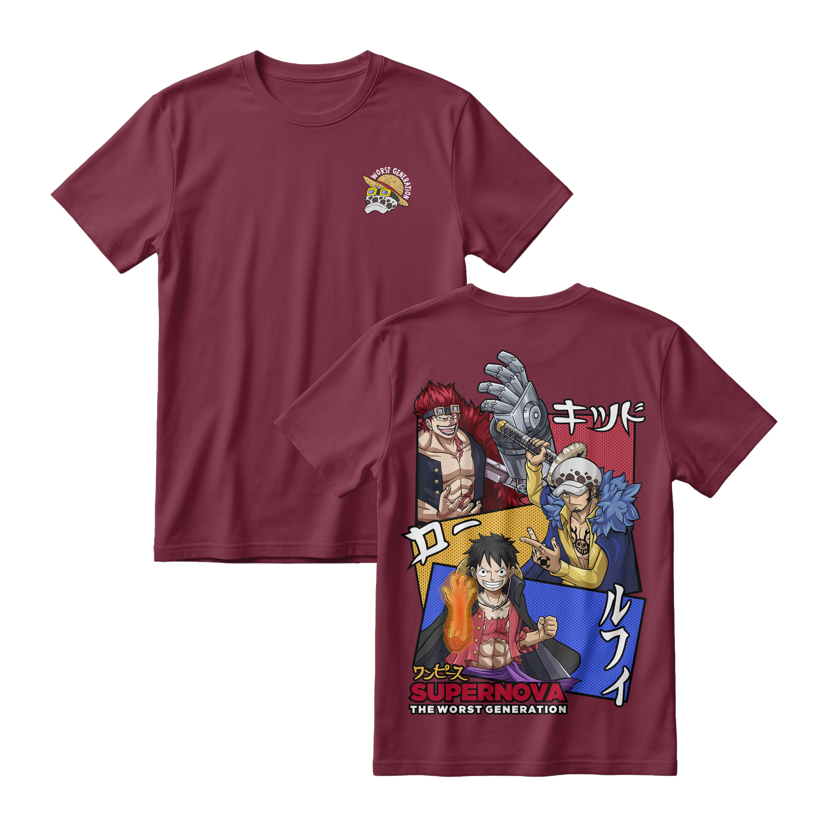 Anime One Piece Supernova The Worst Generation Short Sleeve Tee - BURGUNDY