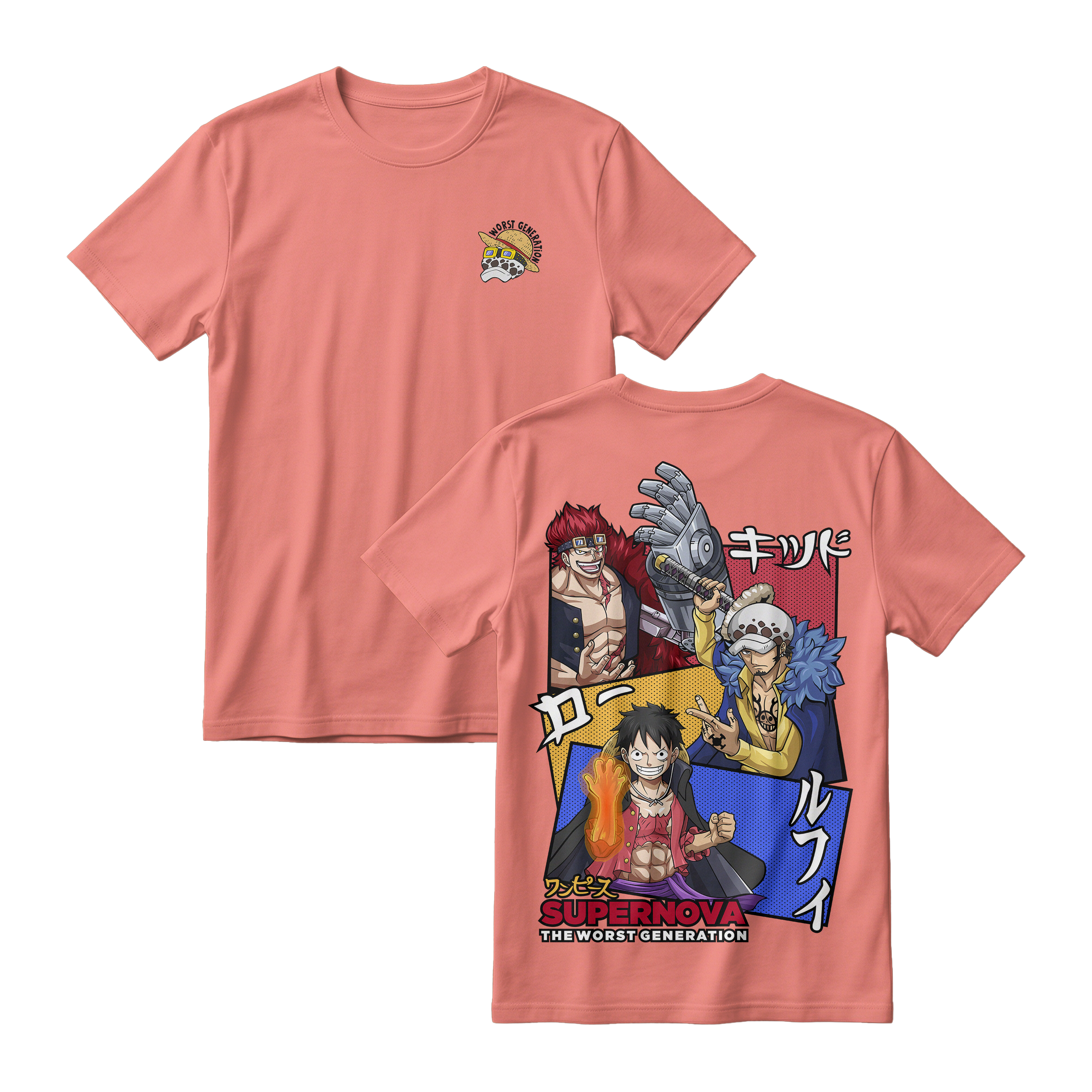  Anime One Piece Supernova The Worst Generation Short Sleeve Tee - CORAL