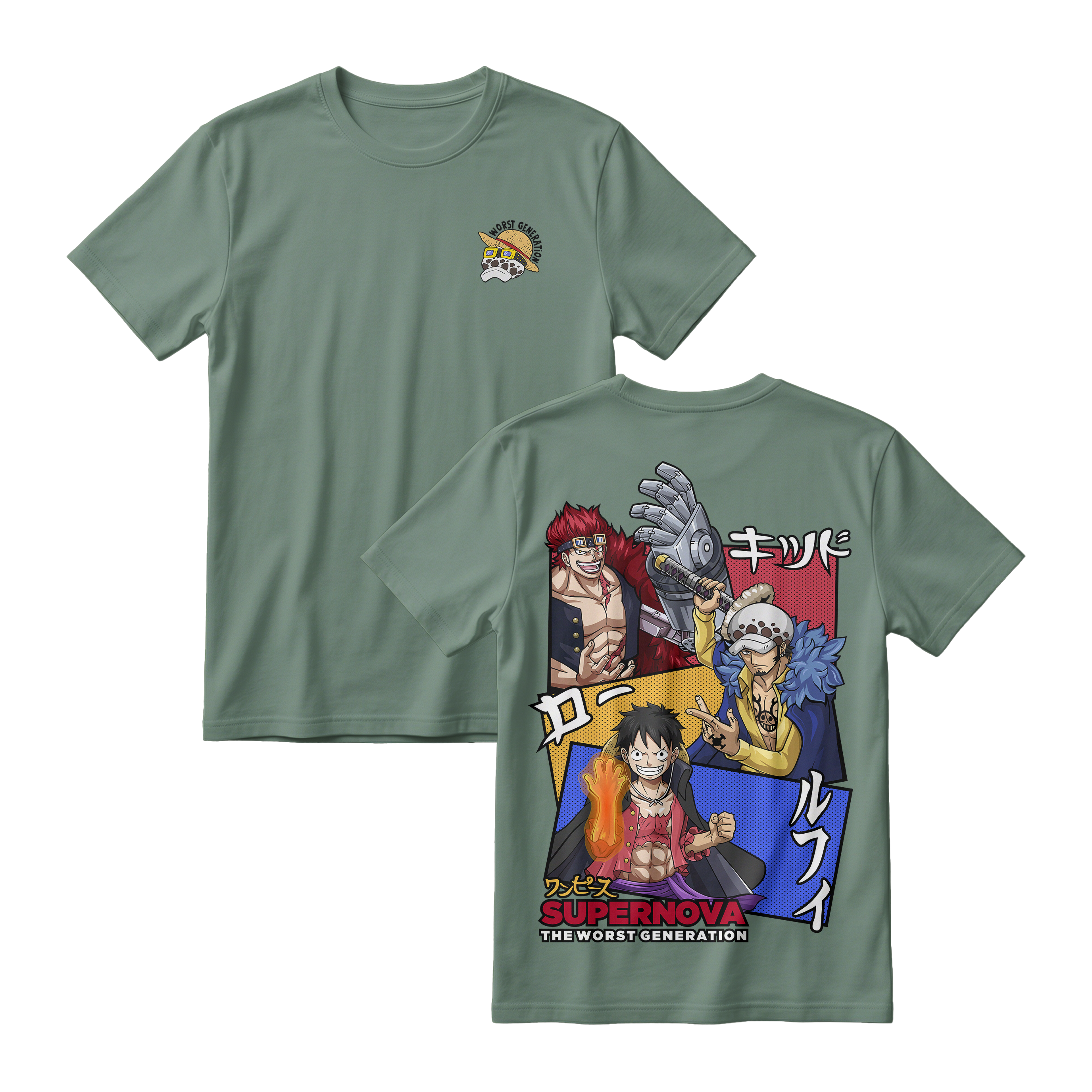 Anime One Piece Supernova The Worst Generation Short Sleeve Tee - GREEN-ALGAE