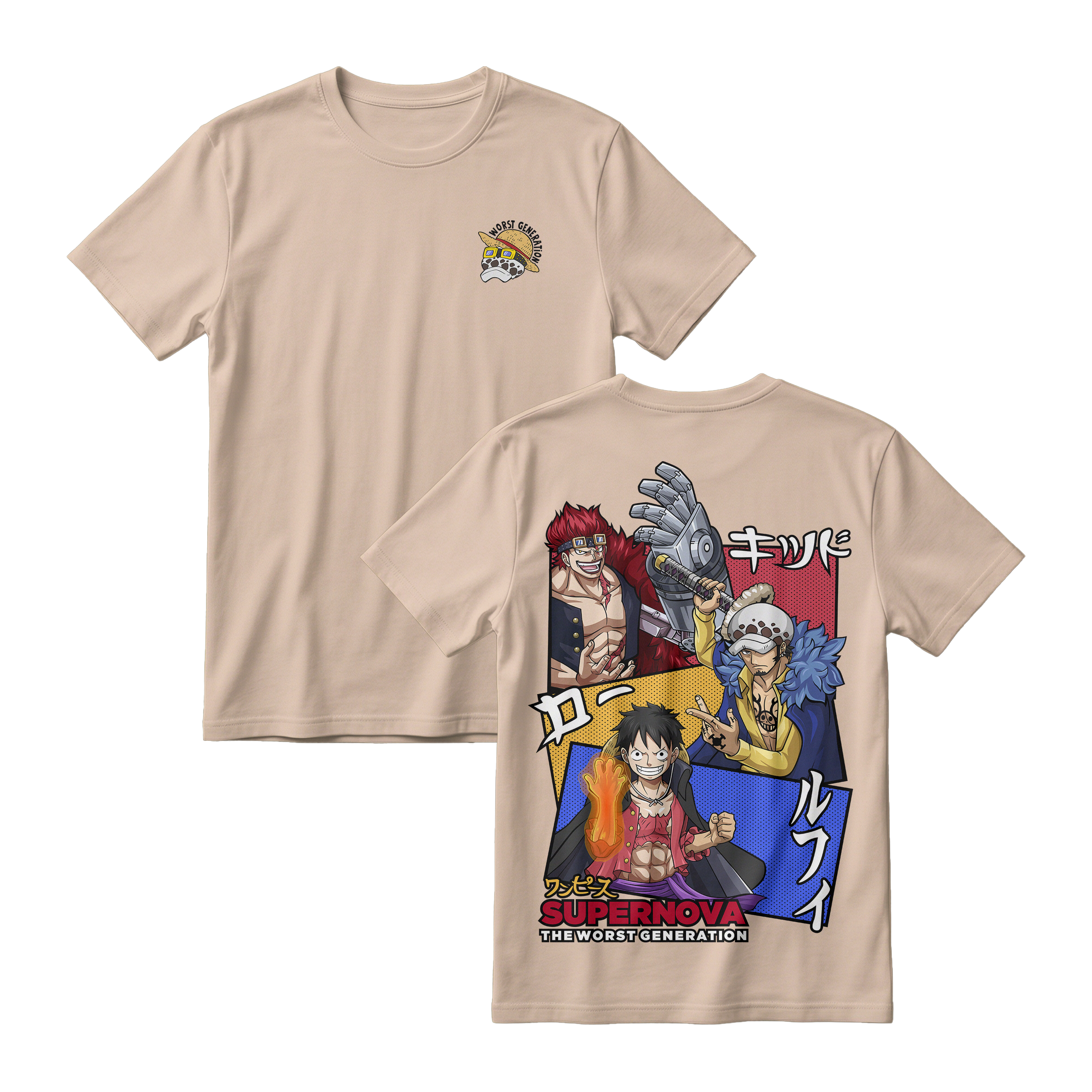 Anime One Piece Supernova The Worst Generation Short Sleeve Tee - KHAKI
