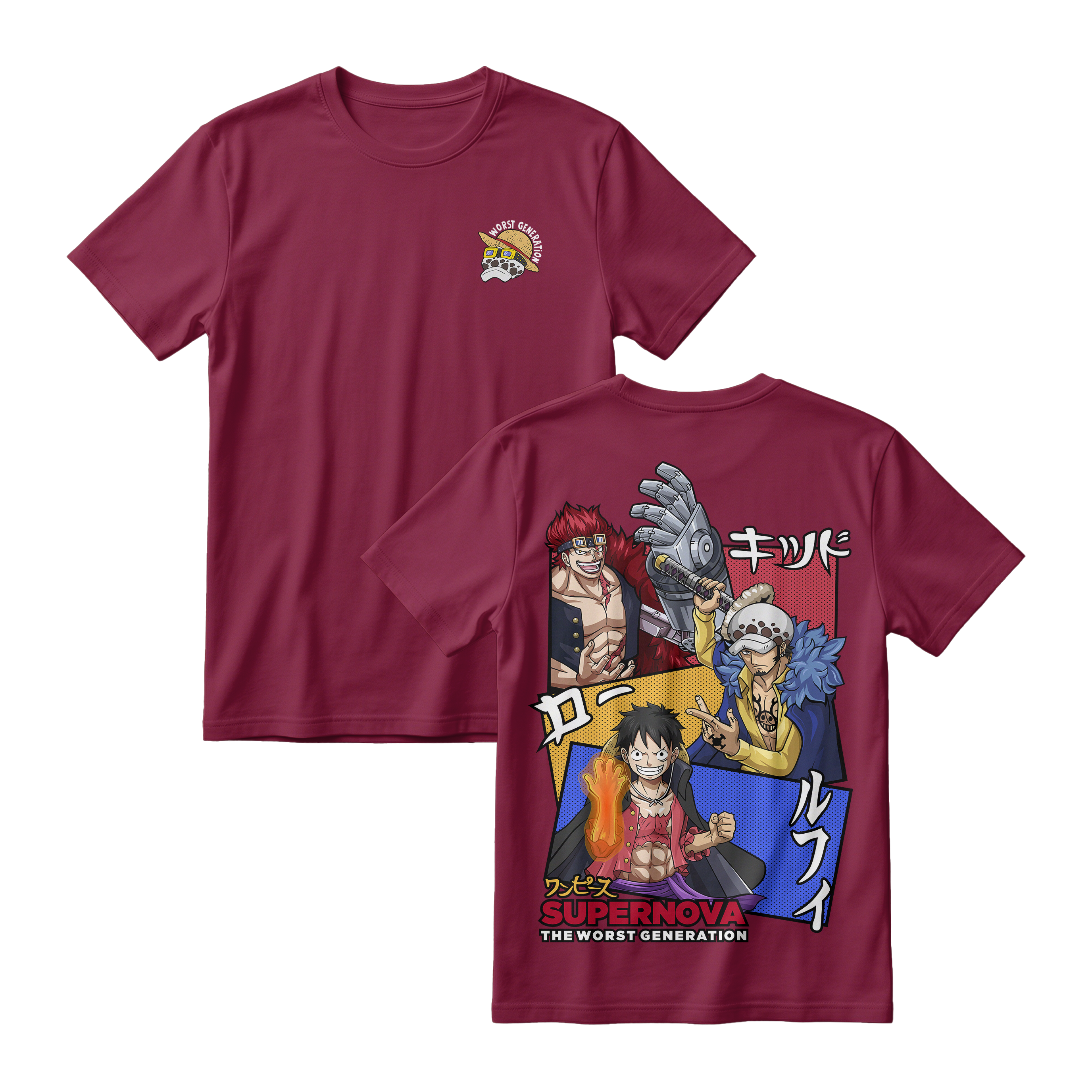 Anime One Piece Supernova The Worst Generation Short Sleeve Tee - MAROON