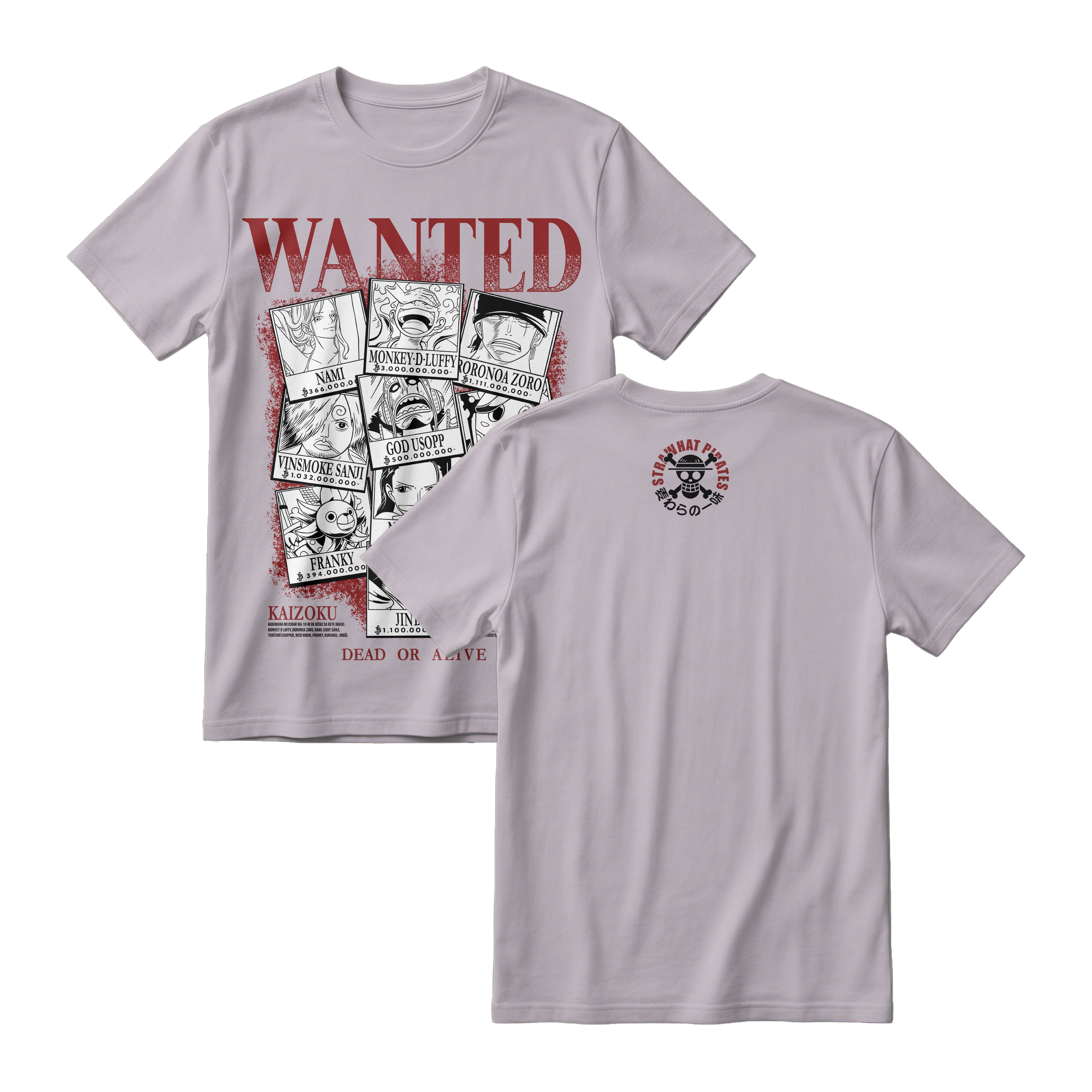 Anime One Piece Wanted Mugiwara Crew Short Sleeve Tee -  ASH-GREY
