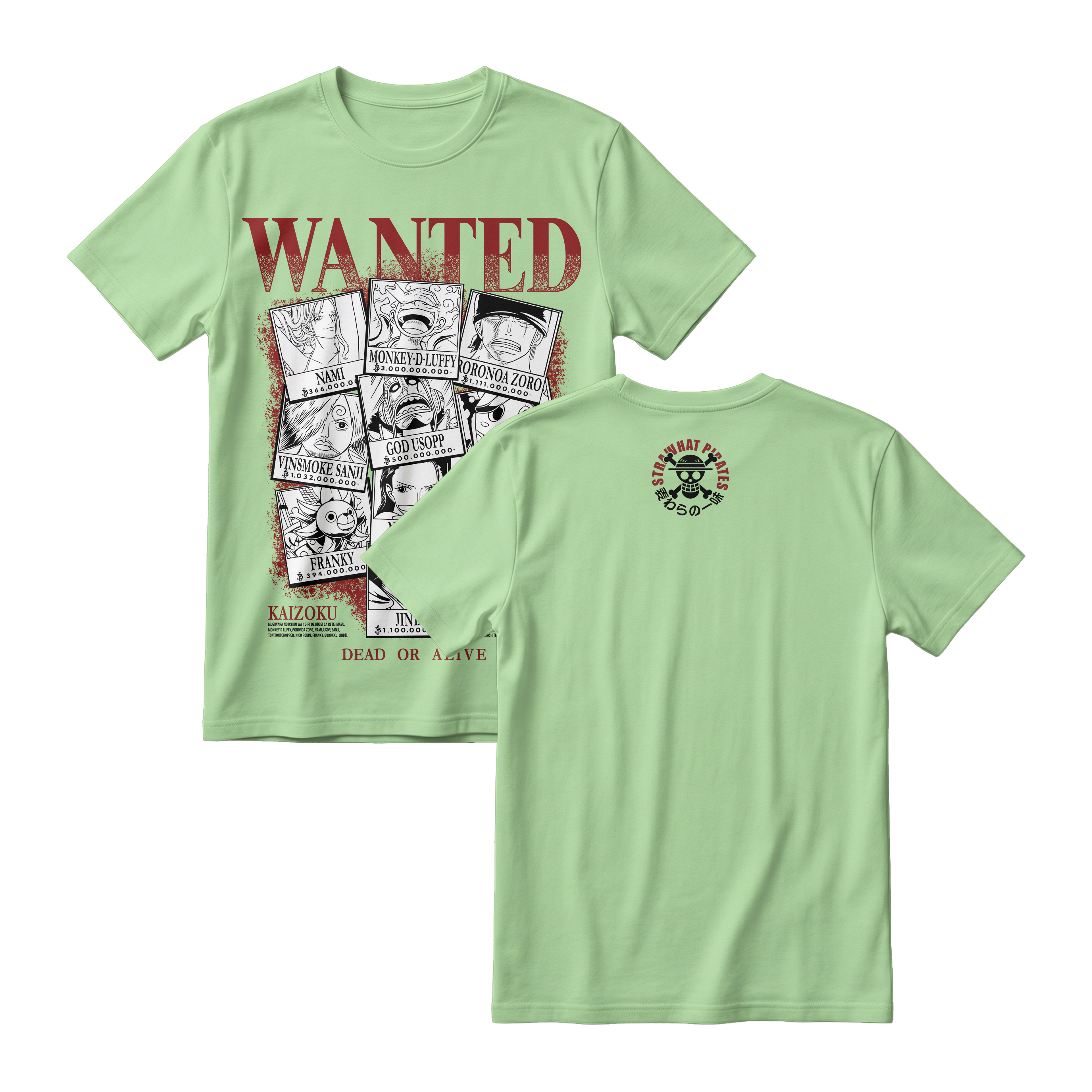 Anime One Piece Wanted Mugiwara Crew Short Sleeve Tee -  AVOCADO