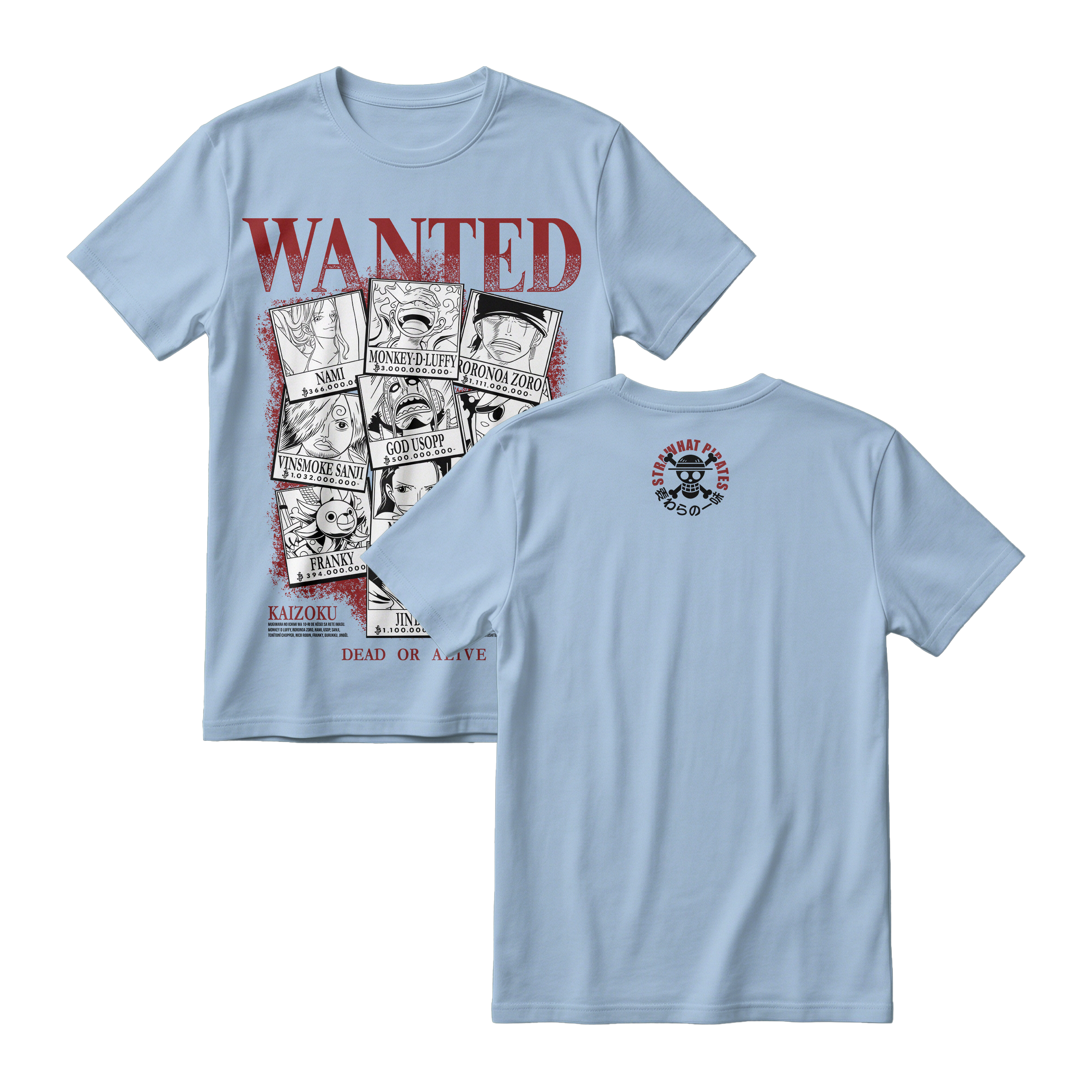 Anime One Piece Wanted Mugiwara Crew Short Sleeve Tee -  BABY-BLUE