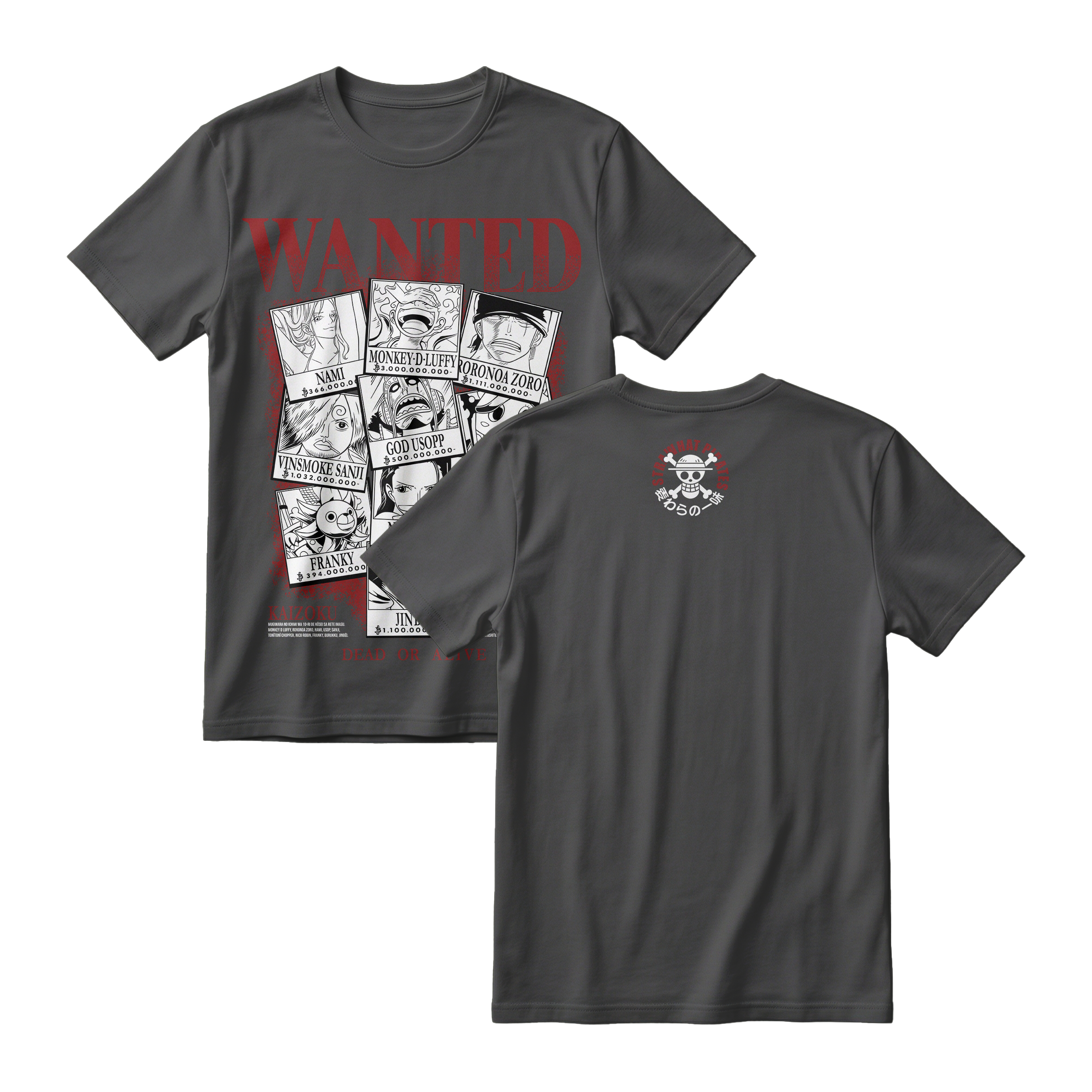 Anime One Piece Wanted Mugiwara Crew Short Sleeve Tee -  BLACK-JELLY