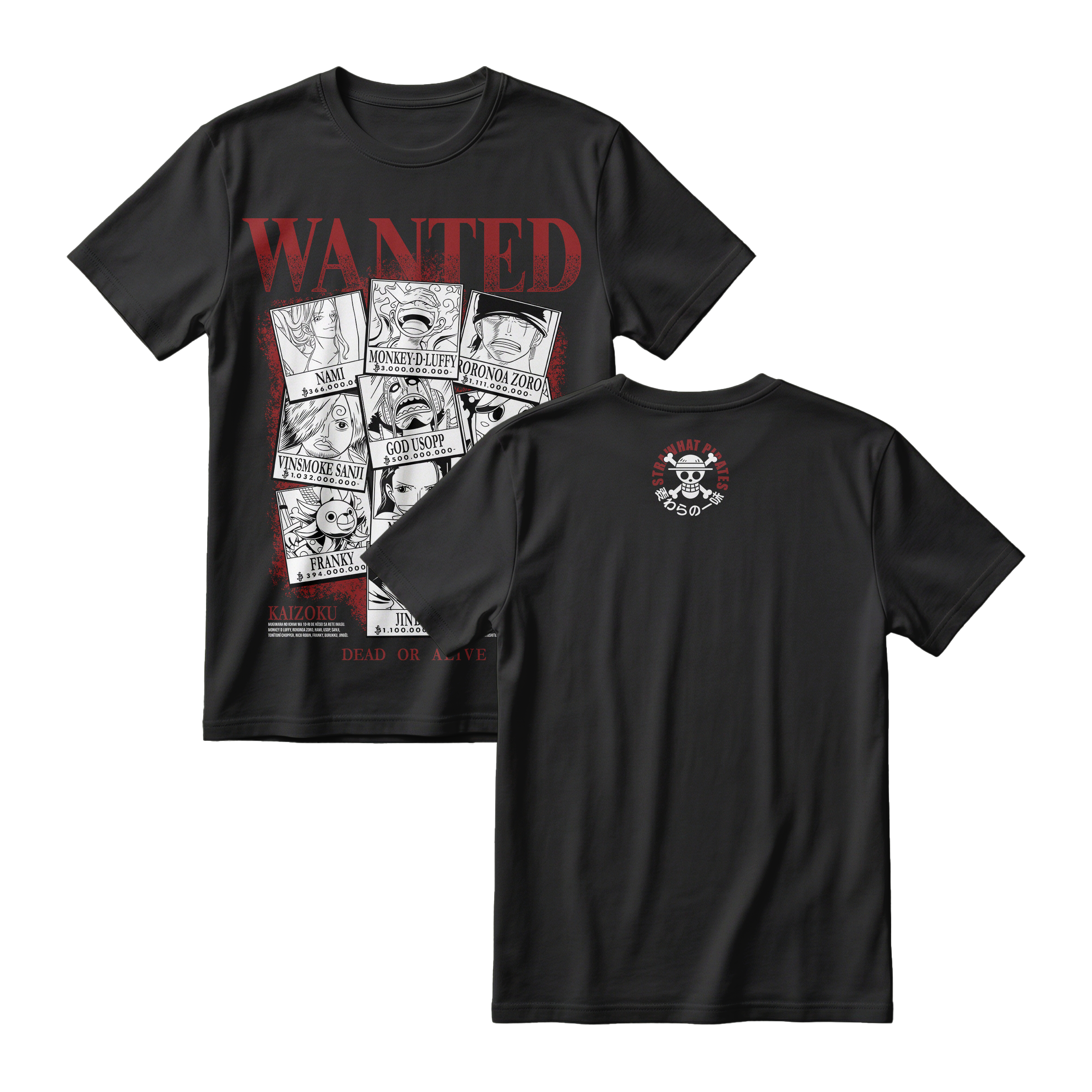Anime One Piece Wanted Mugiwara Crew Short Sleeve Tee -  BLACK