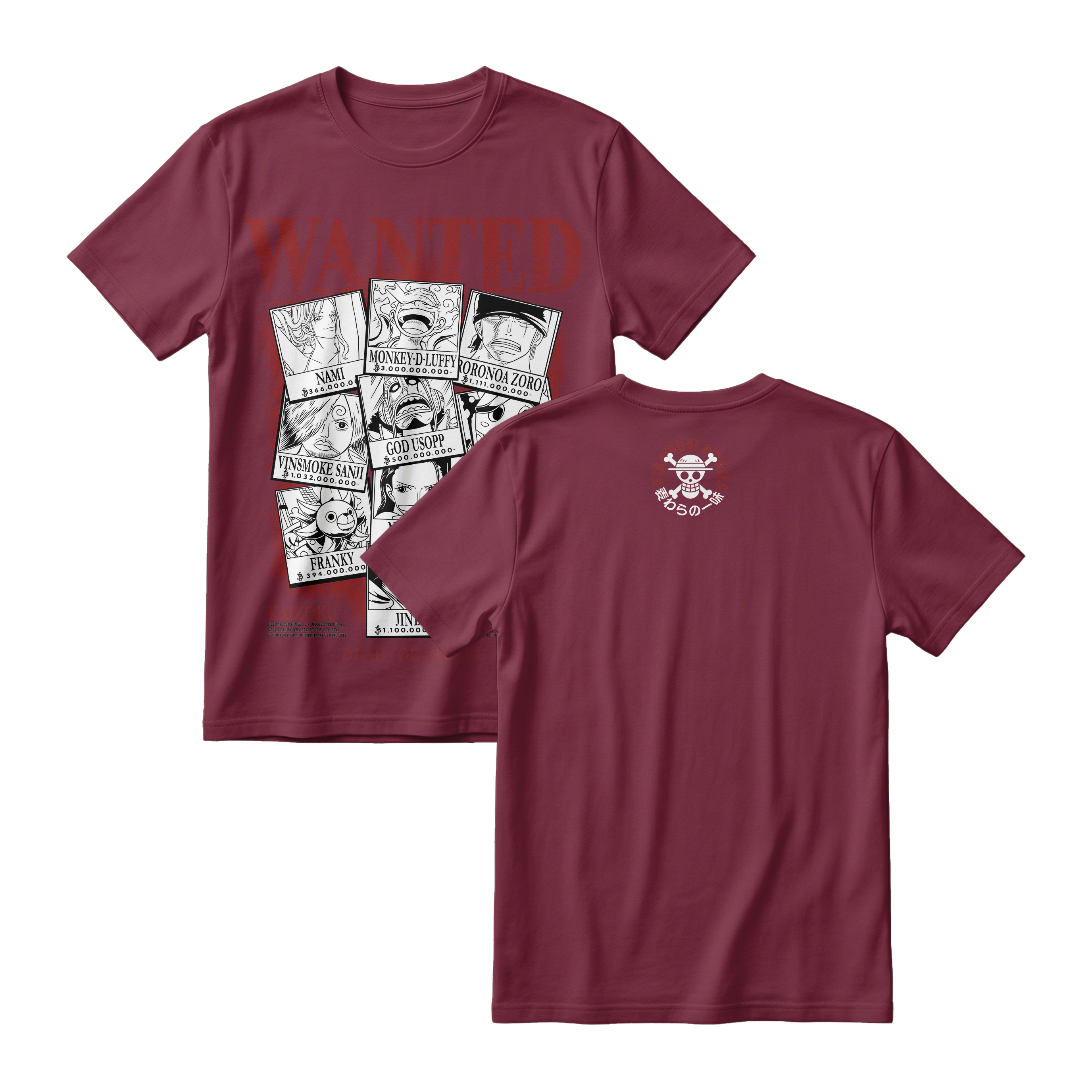 Anime One Piece Wanted Mugiwara Crew Short Sleeve Tee -  BURGUNDY