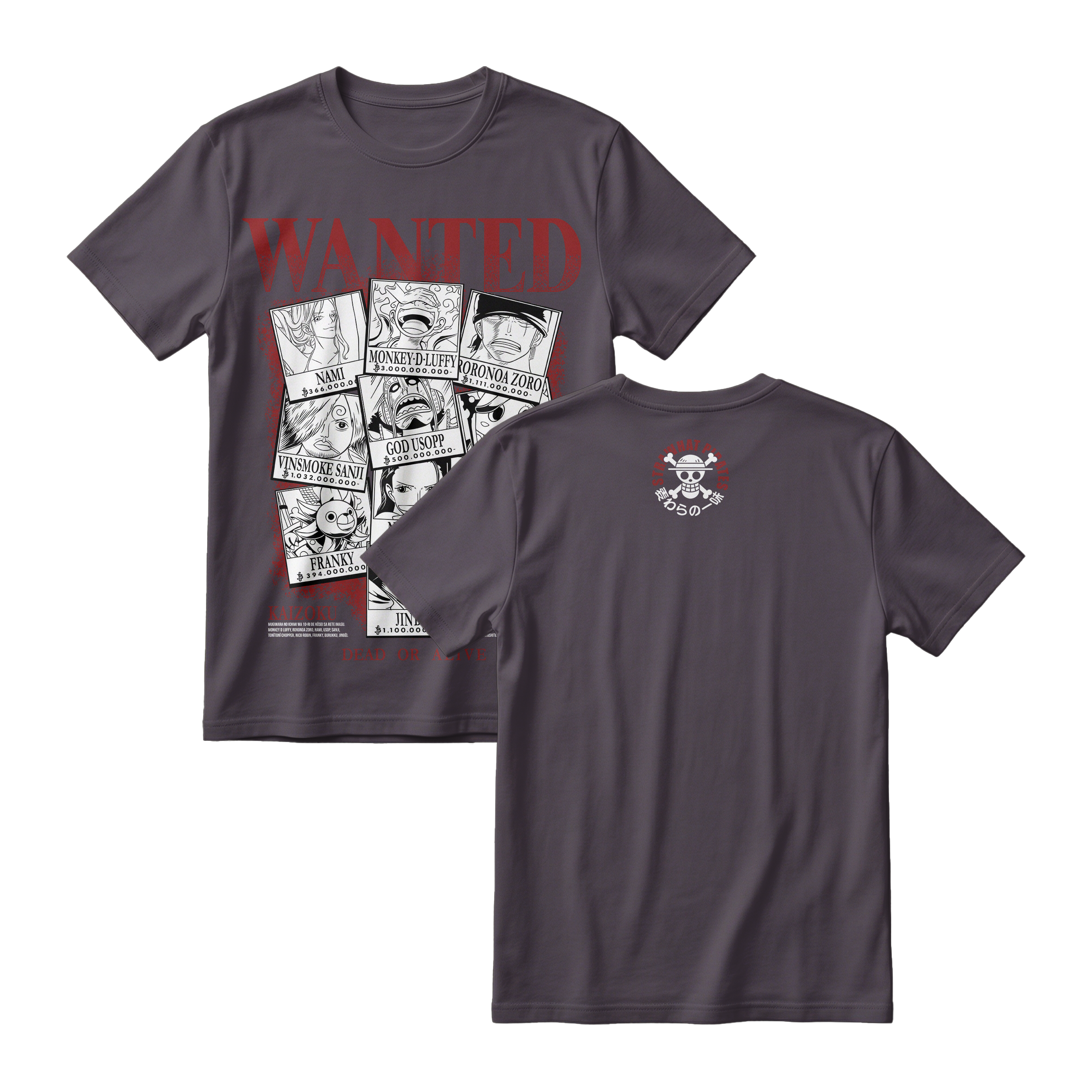 Anime One Piece Wanted Mugiwara Crew Short Sleeve Tee -  CHARCOAL
