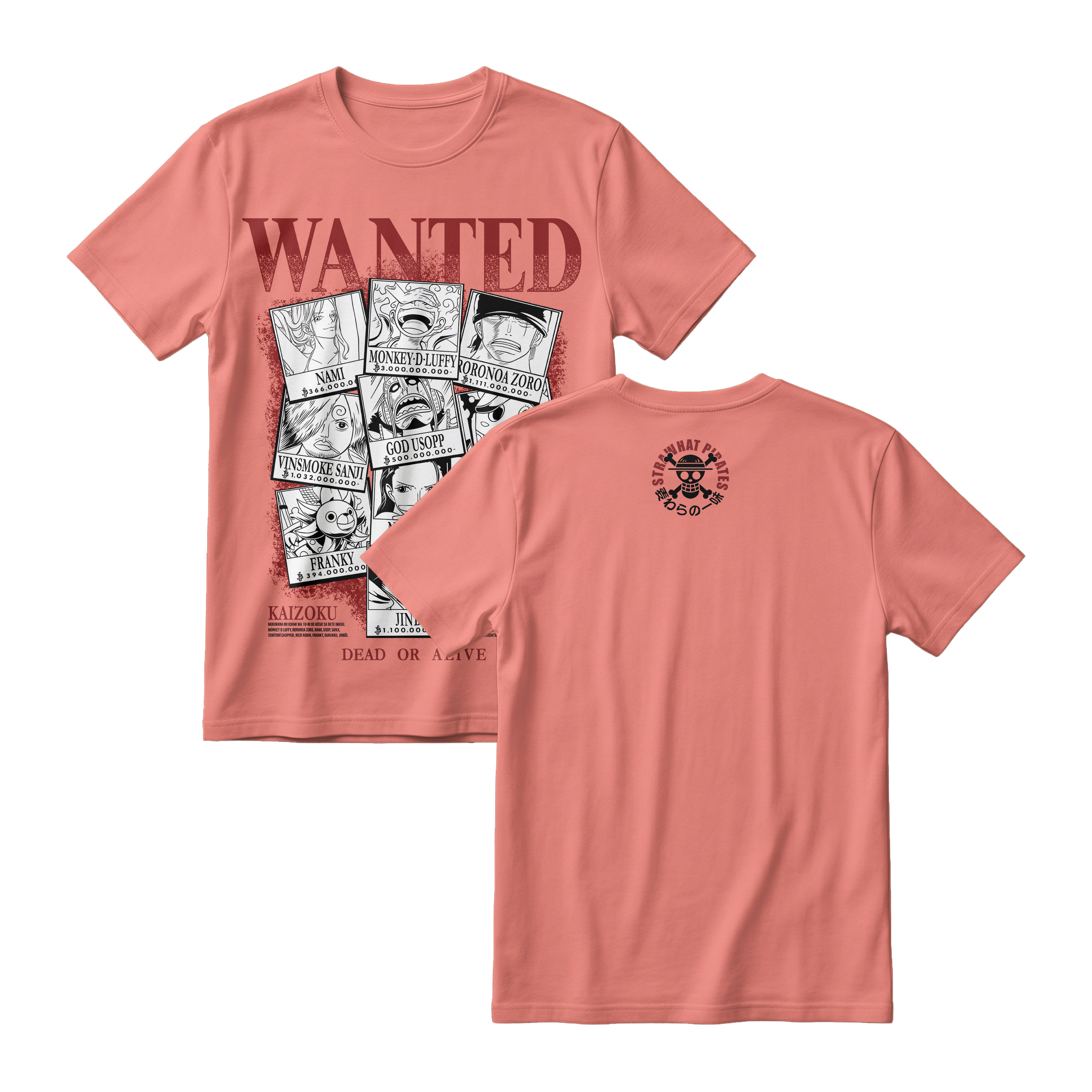 Anime One Piece Wanted Mugiwara Crew Short Sleeve Tee -  CORAL