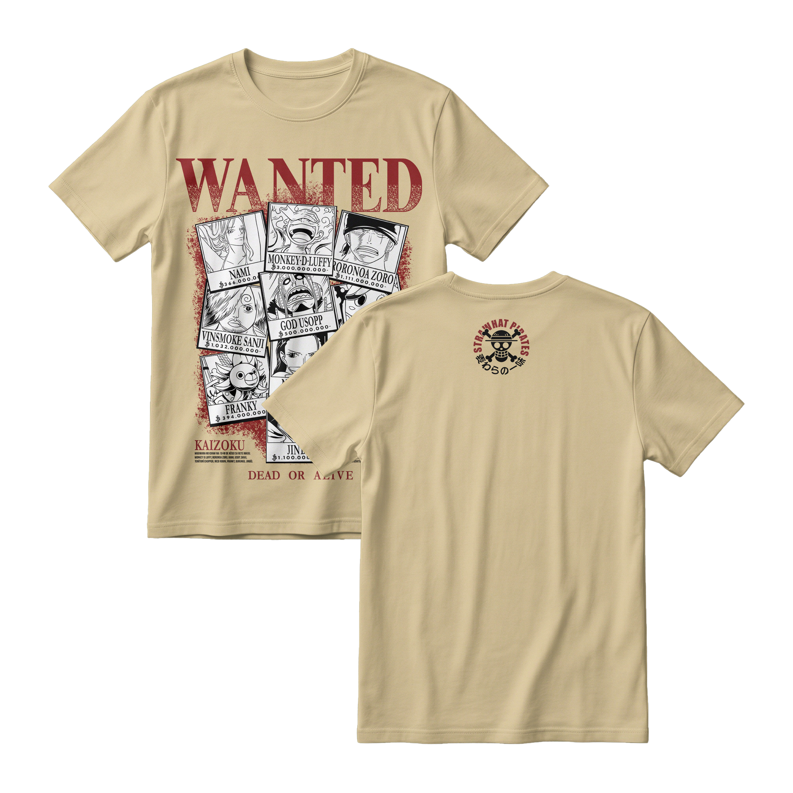 Anime One Piece Wanted Mugiwara Crew Short Sleeve Tee -  CREAM