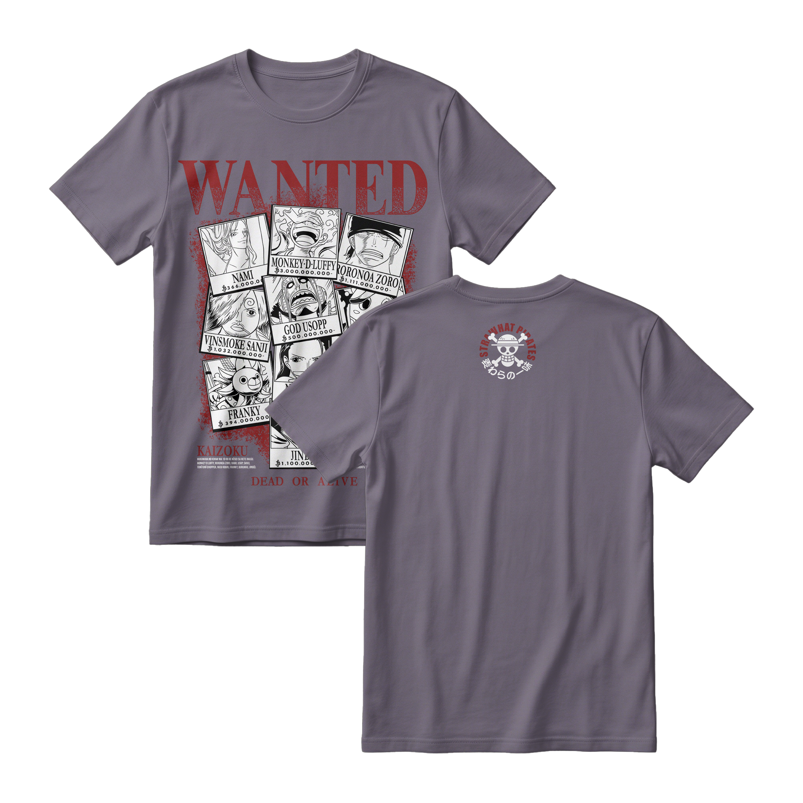 Anime One Piece Wanted Mugiwara Crew Short Sleeve Tee -  DARK-GREY