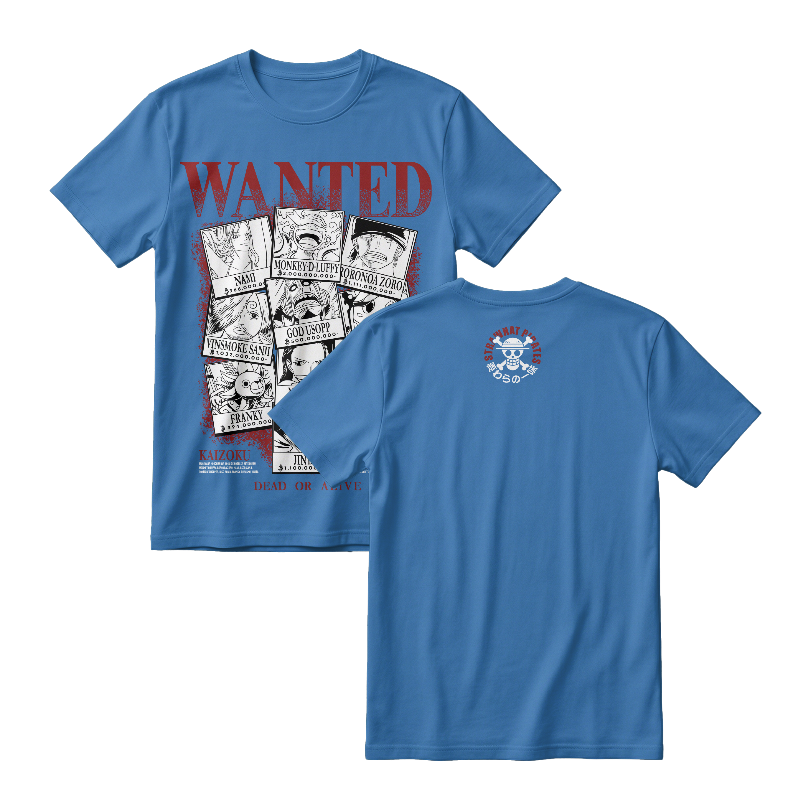 Anime One Piece Wanted Mugiwara Crew Short Sleeve Tee -  DEEP-BLUE