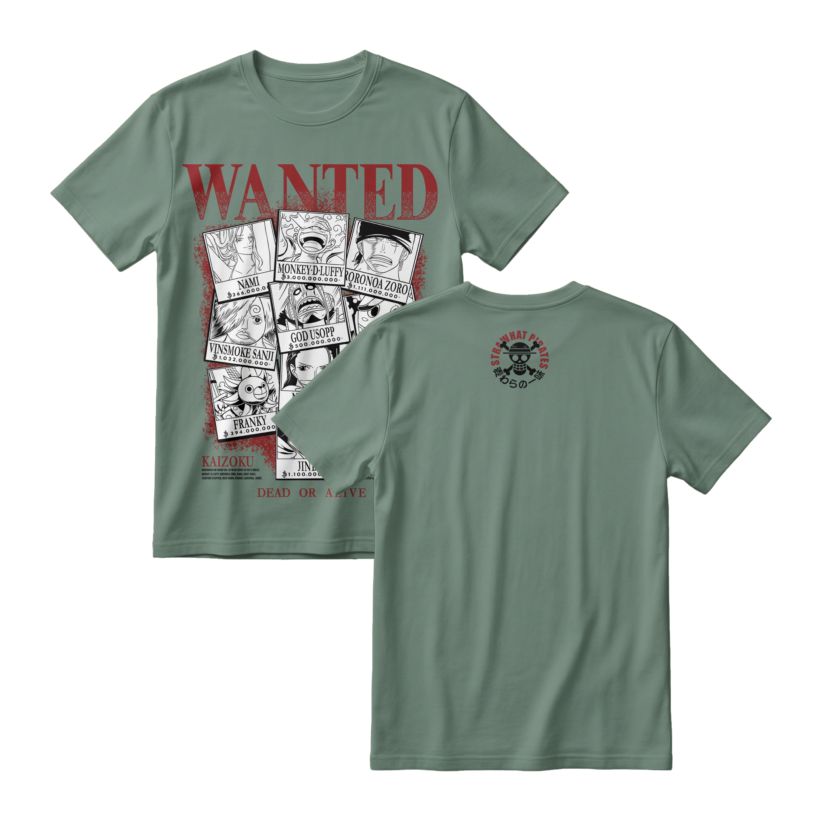 Anime One Piece Wanted Mugiwara Crew Short Sleeve Tee -  GREEN-ALGAE