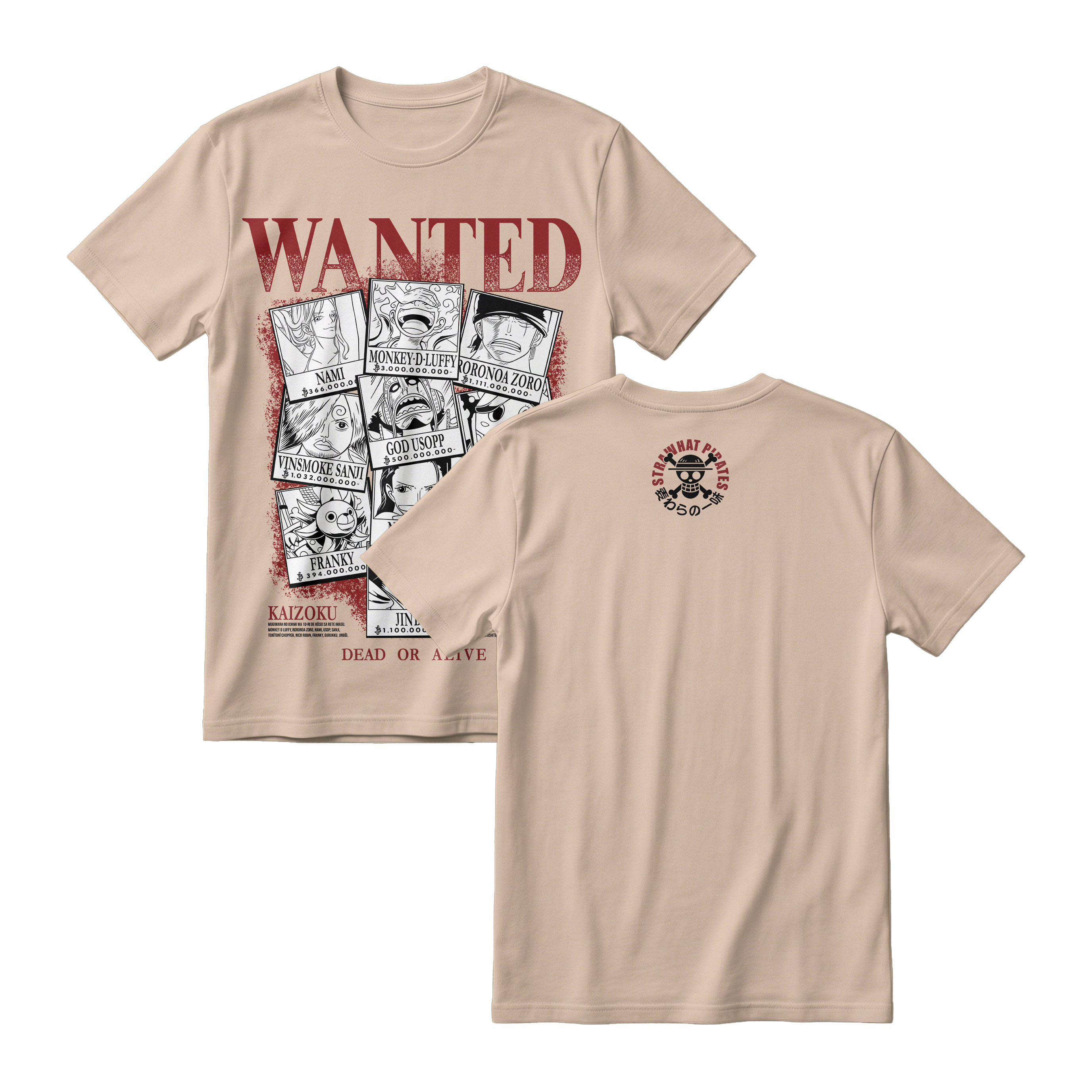 Anime One Piece Wanted Mugiwara Crew Short Sleeve Tee -  KHAKI
