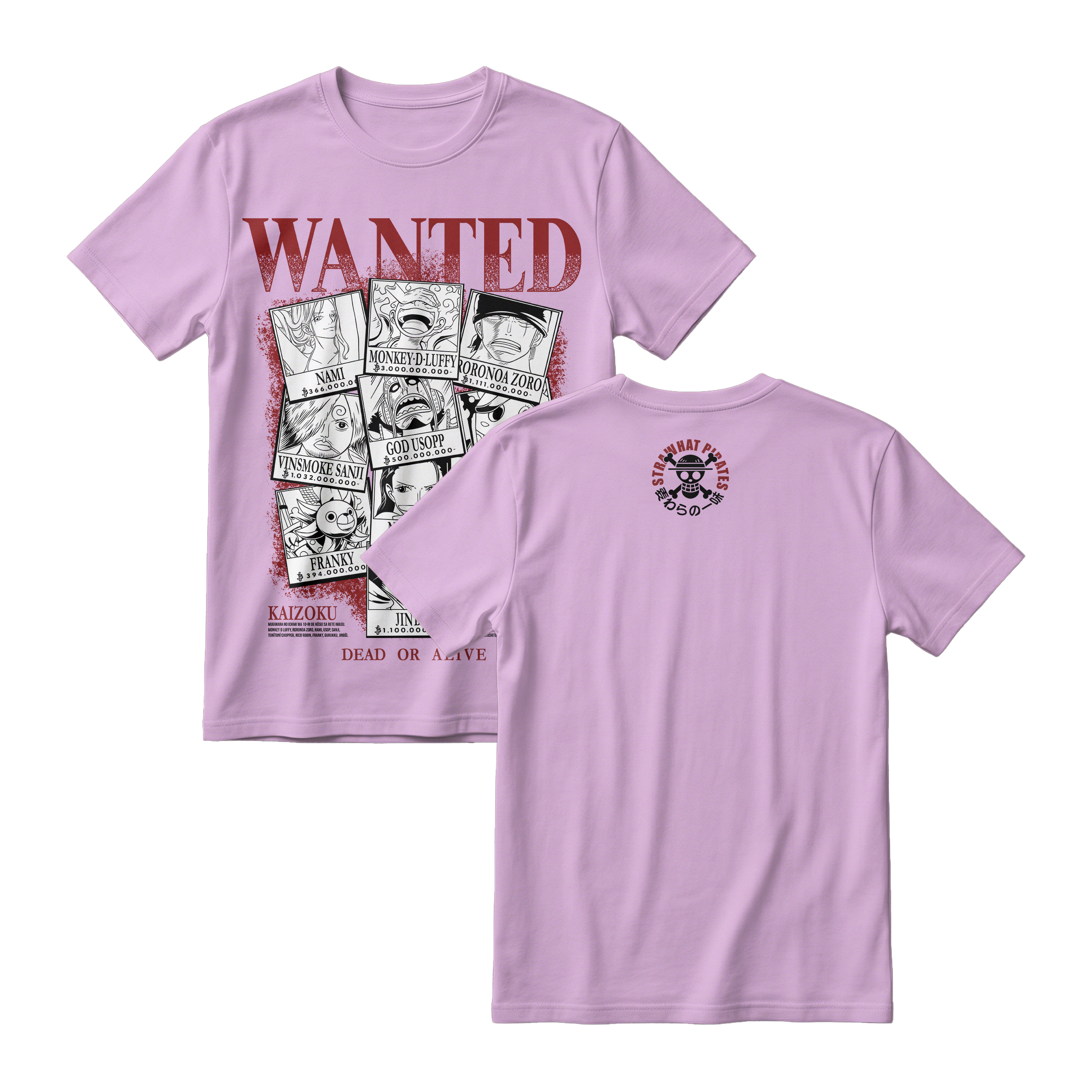 Anime One Piece Wanted Mugiwara Crew Short Sleeve Tee -  LILAC