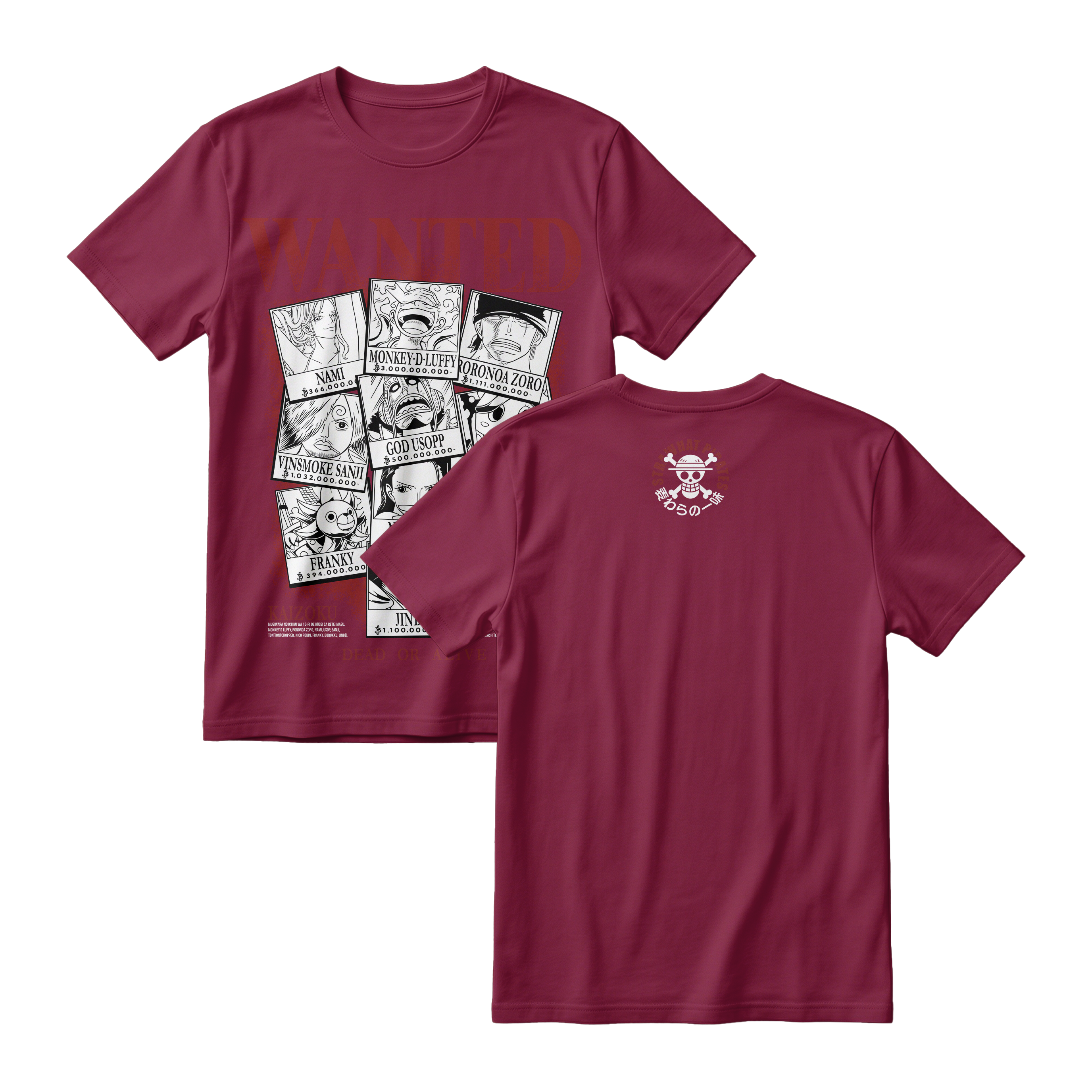 Anime One Piece Wanted Mugiwara Crew Short Sleeve Tee -  MAROON