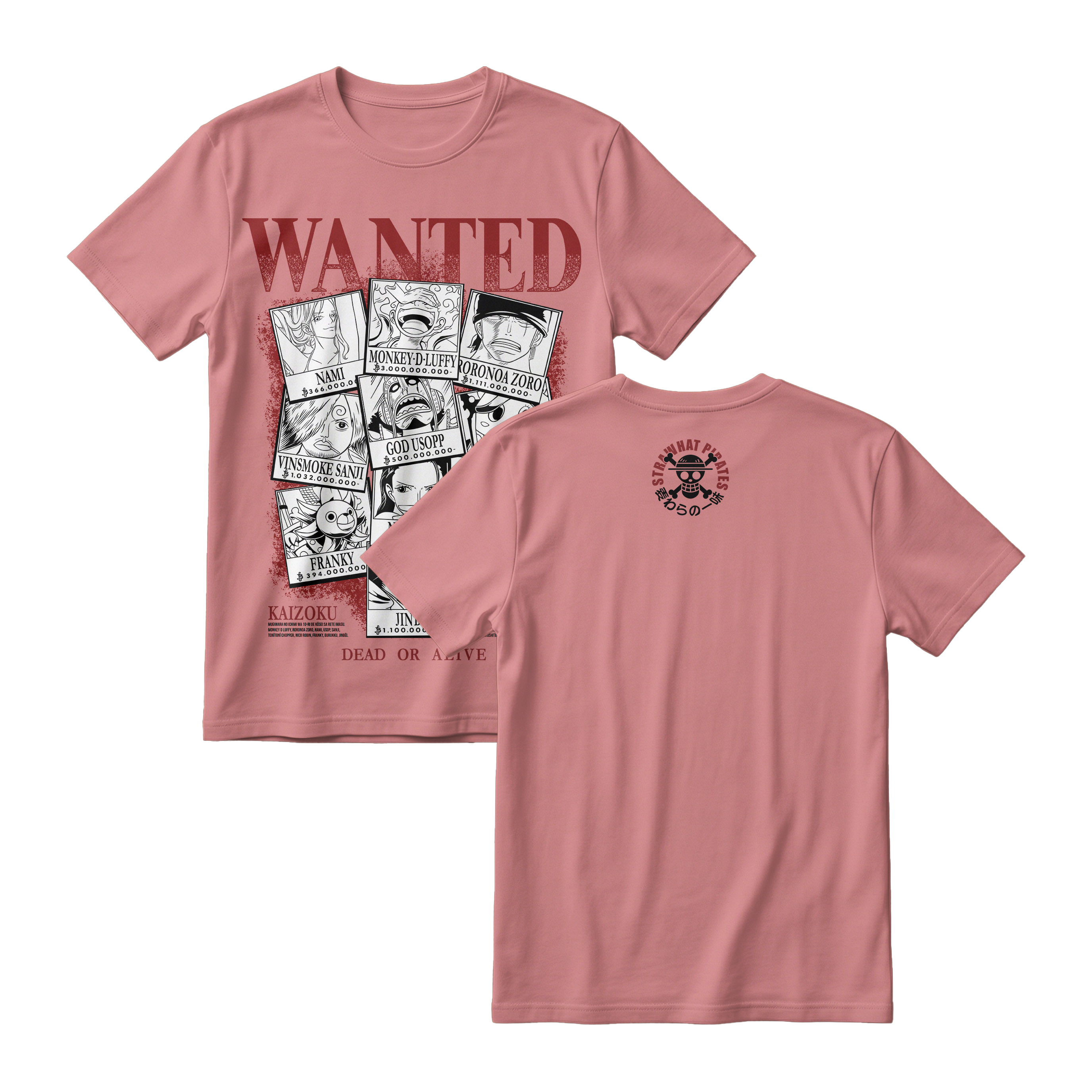 Anime One Piece Wanted Mugiwara Crew Short Sleeve Tee -  PASTEL-PINK