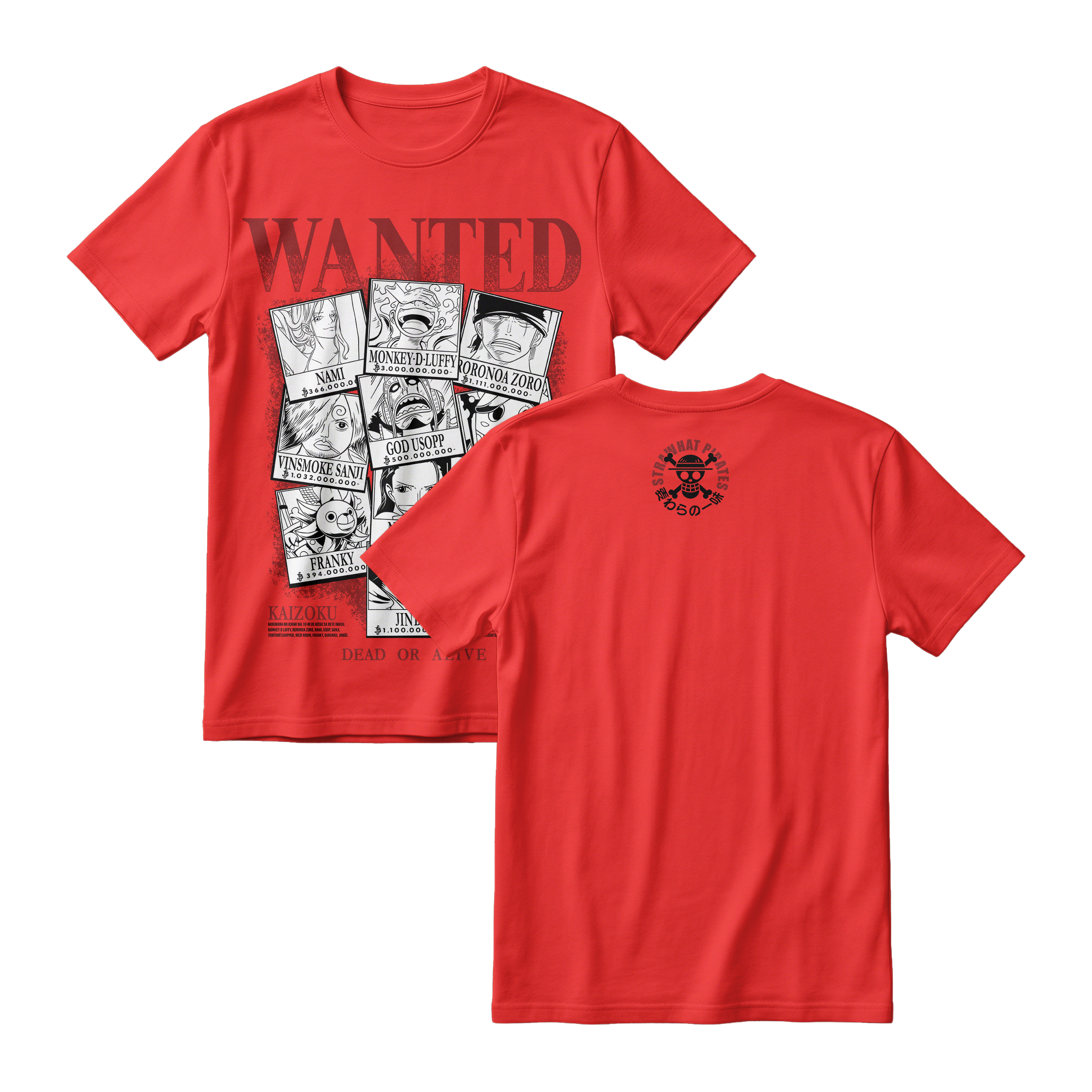 Anime One Piece Wanted Mugiwara Crew Short Sleeve Tee -  RED-CHILI