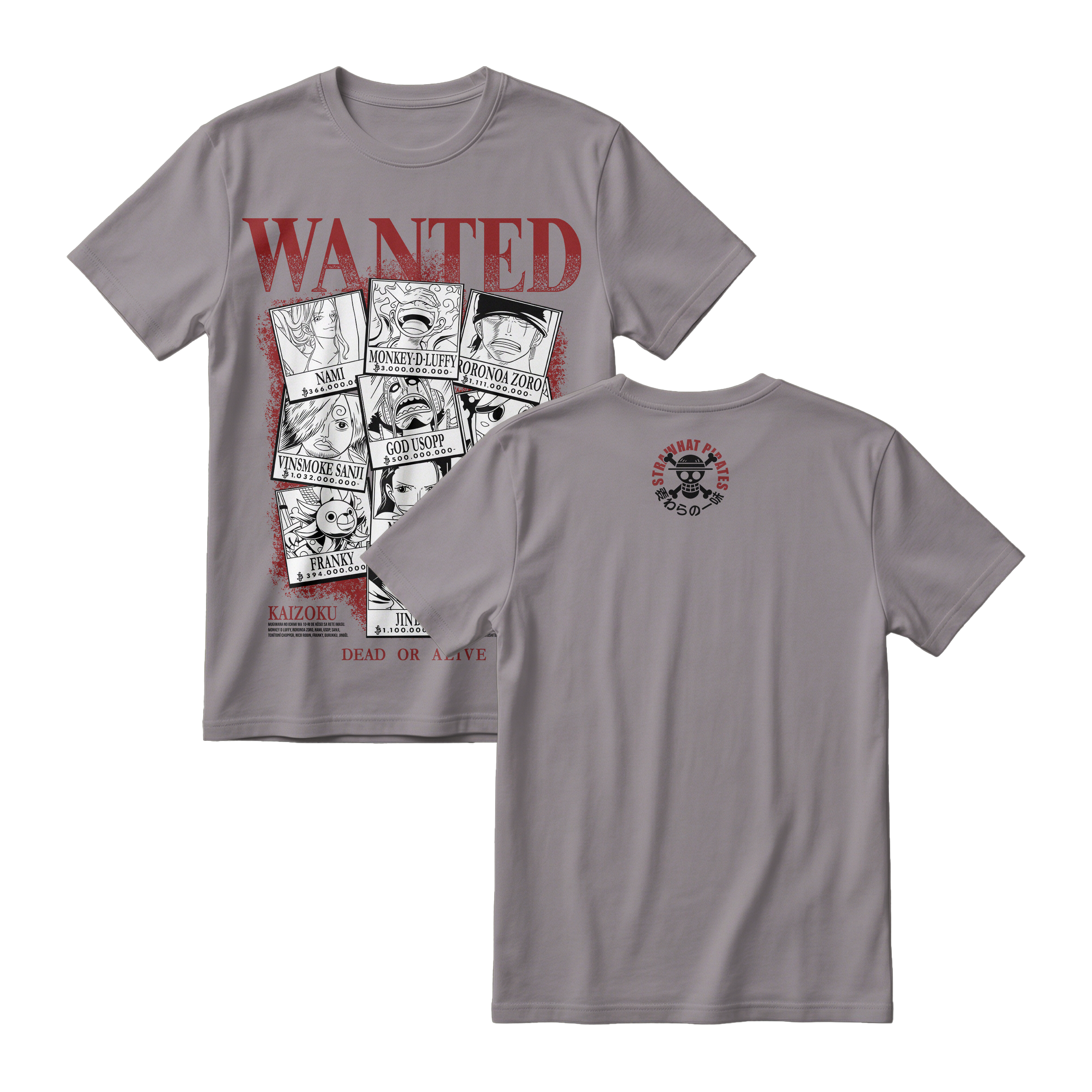Anime One Piece Wanted Mugiwara Crew Short Sleeve Tee -  SMOKE-GREY
