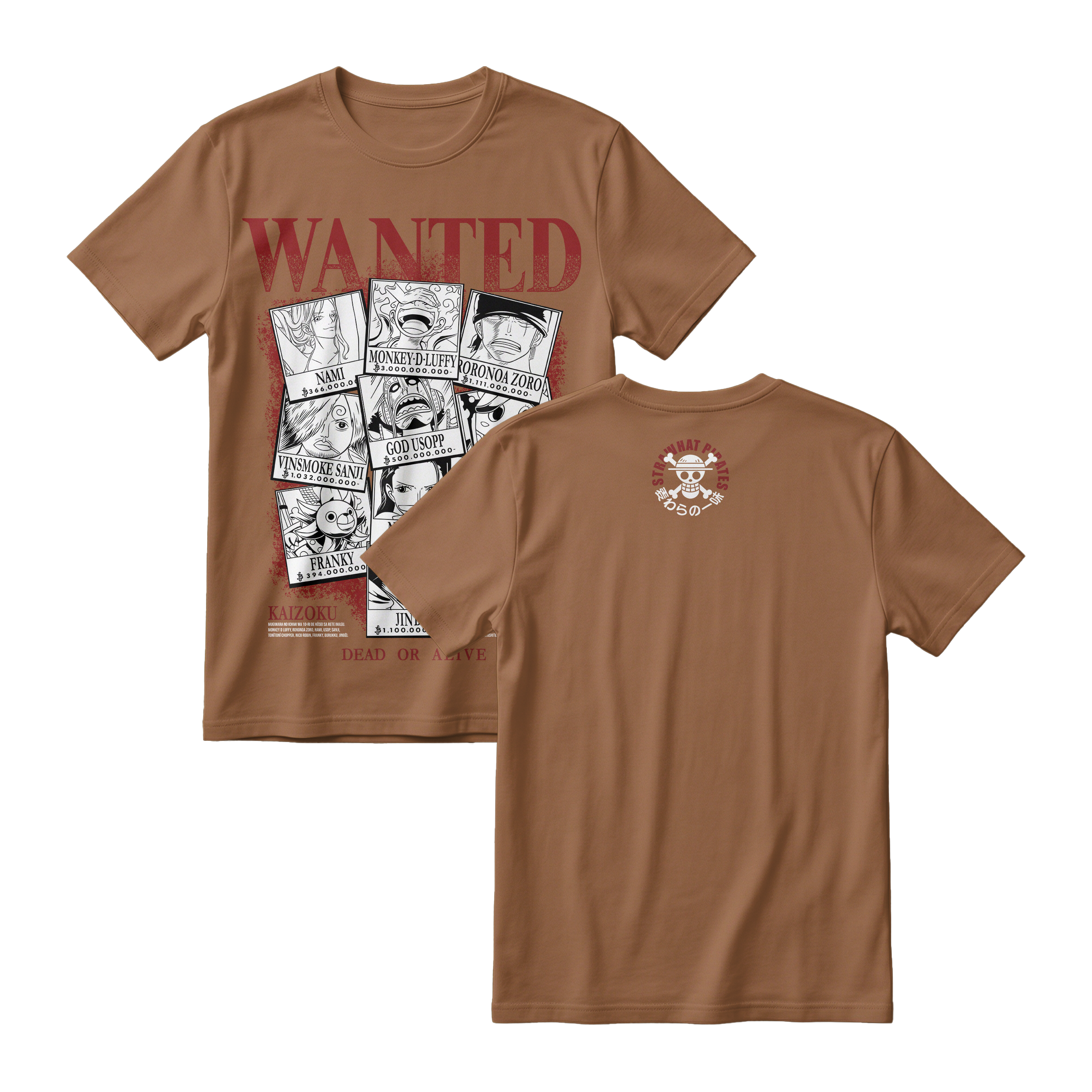 Anime One Piece Wanted Mugiwara Crew Short Sleeve Tee -  WALNUT