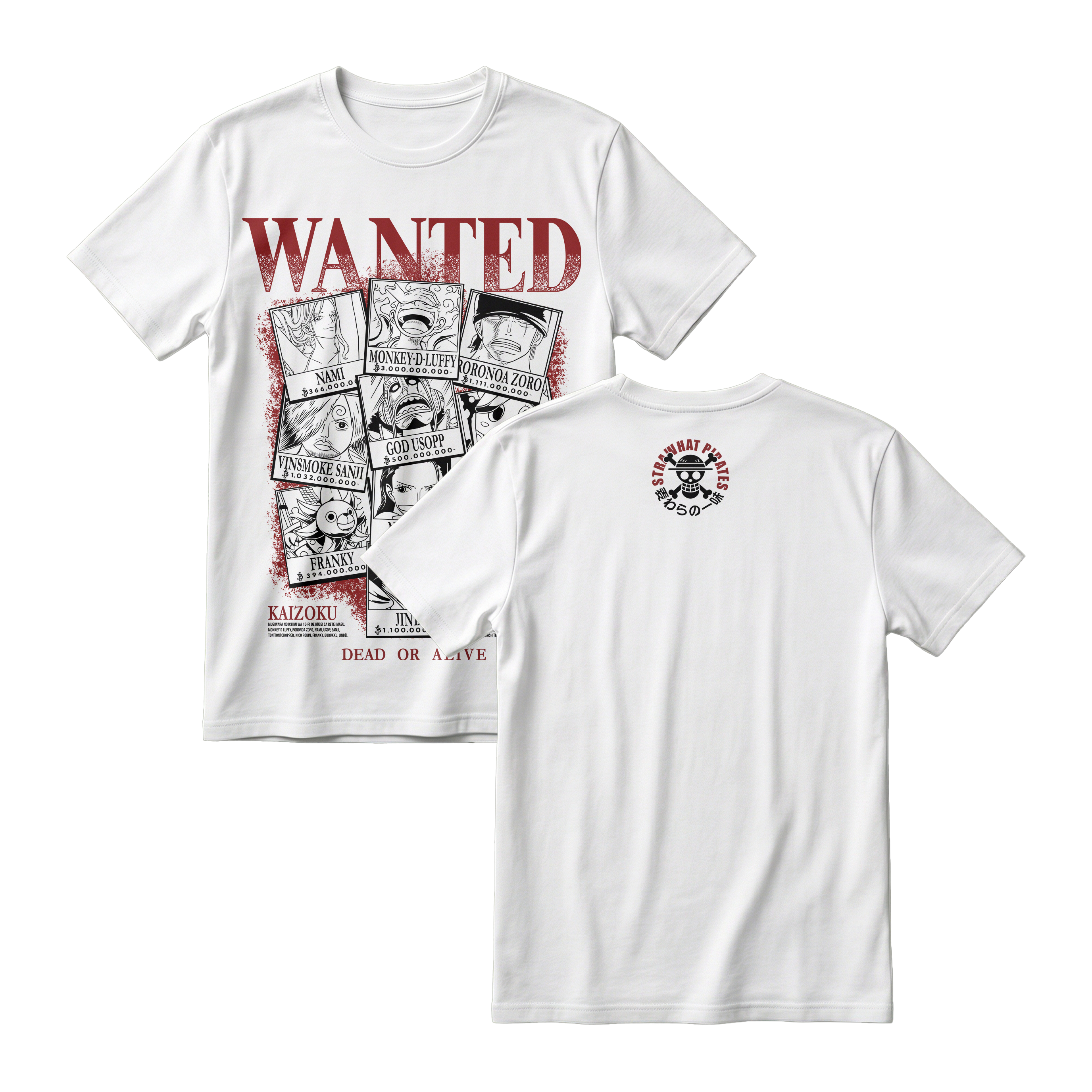 Anime One Piece Wanted Mugiwara Crew Short Sleeve Tee -  WHITE