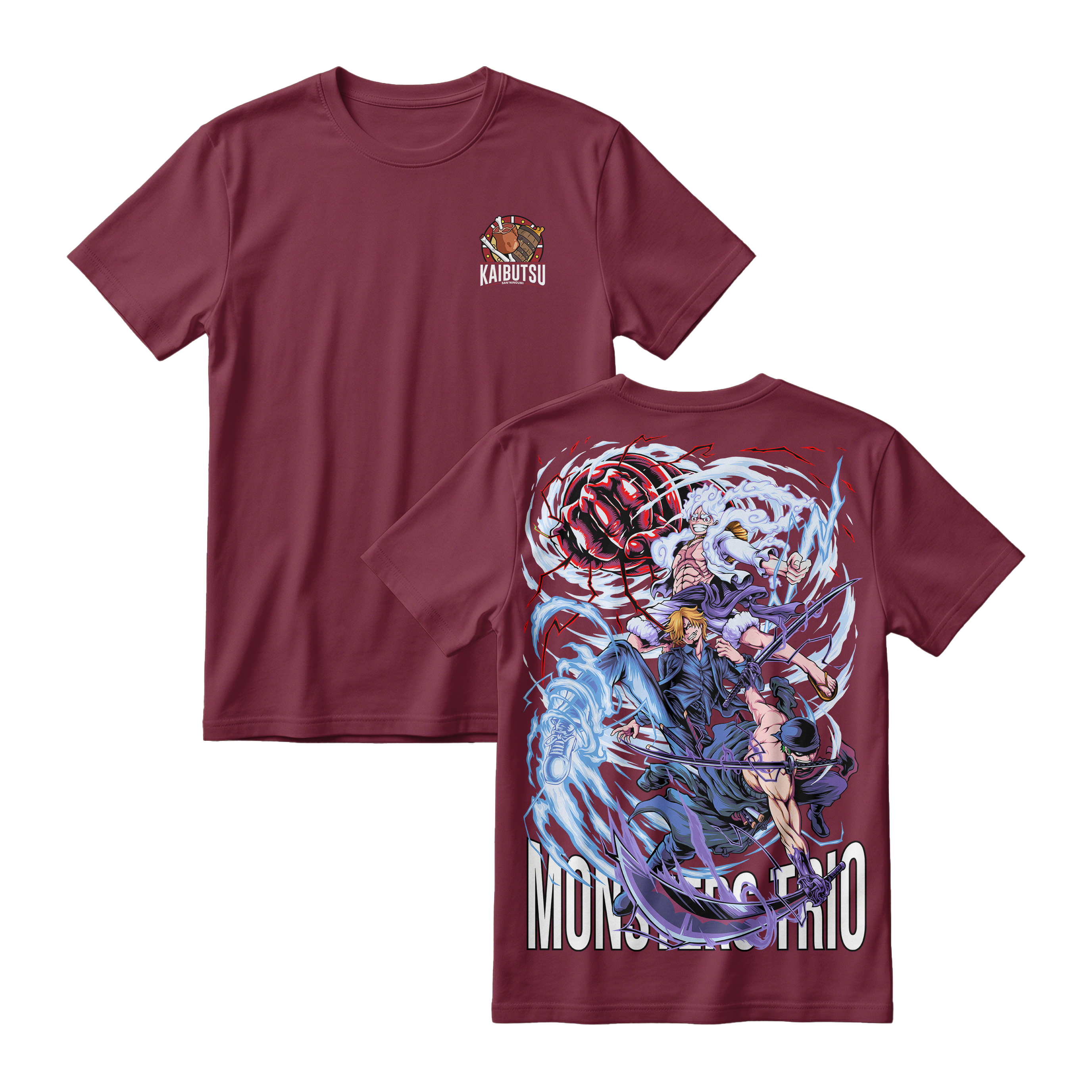 Anime One Piece Monster Trio Short Sleeve Tee - BURGUNDY
