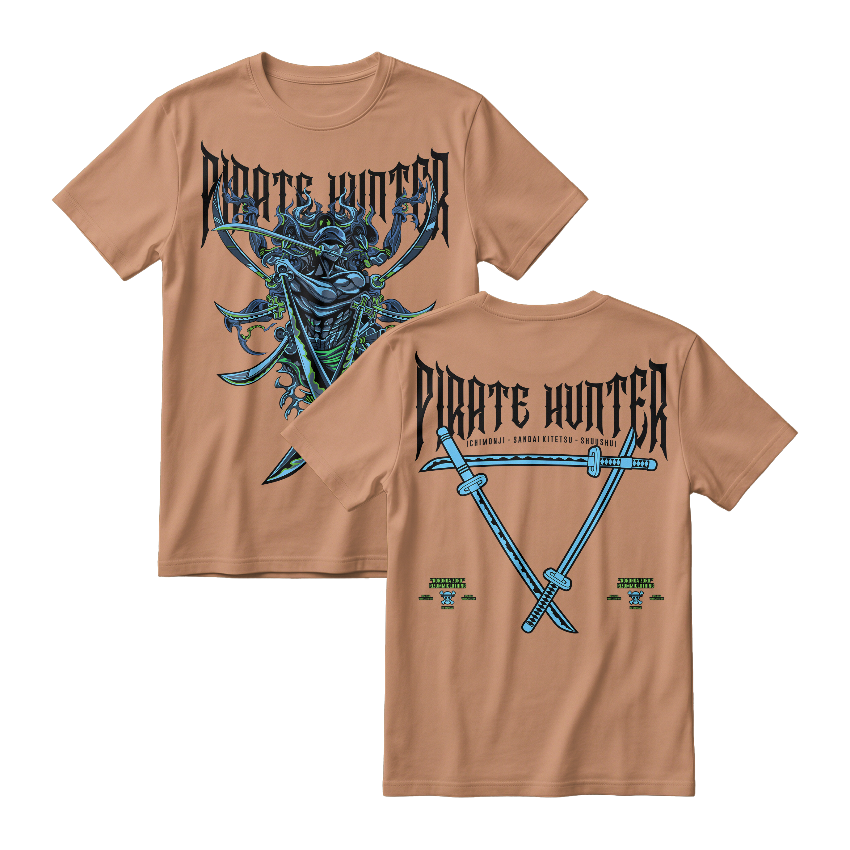 Anime One Piece Roronoa Zoro Pirates Hunter Short Sleeve Tee - ALMOND
