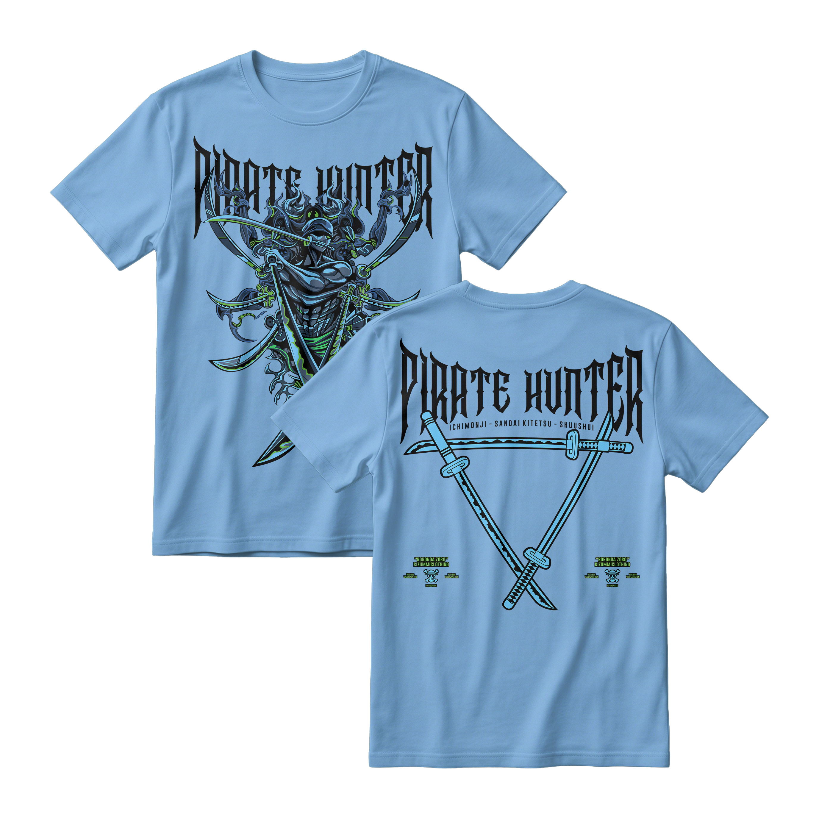 Anime One Piece Roronoa Zoro Pirates Hunter Short Sleeve Tee - ARTIC-BLUE