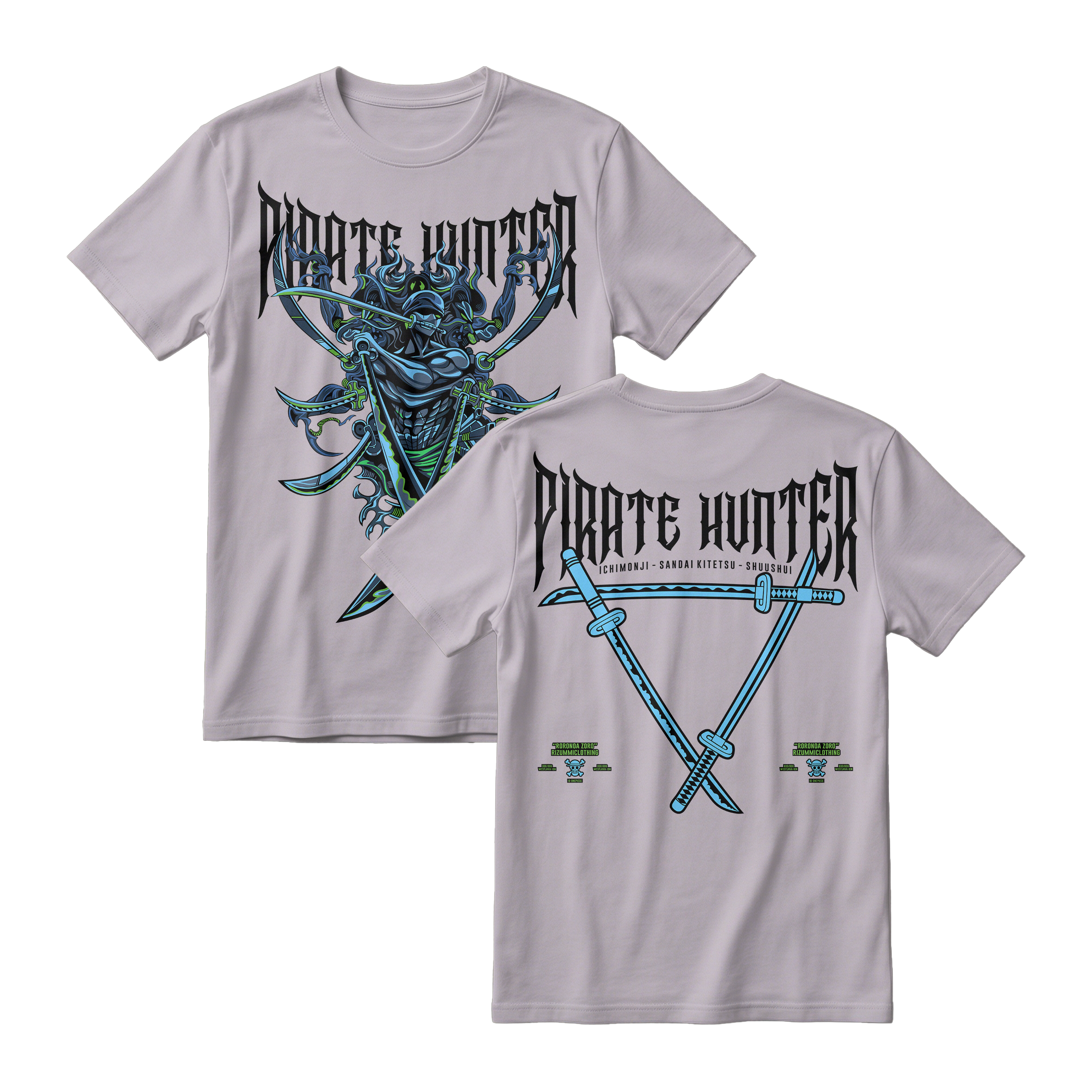 Anime One Piece Roronoa Zoro Pirates Hunter Short Sleeve Tee - ASH-GREY