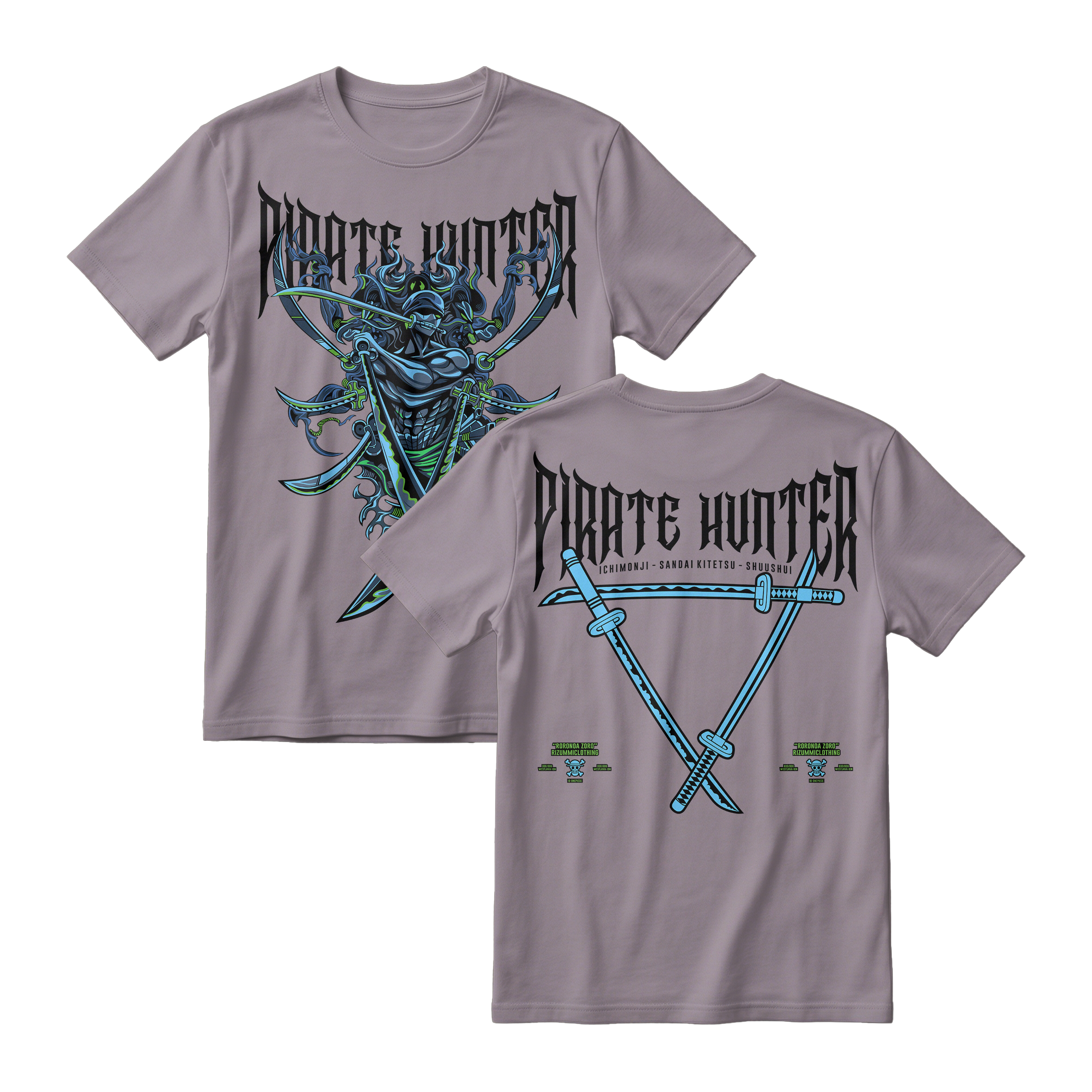 Anime One Piece Roronoa Zoro Pirates Hunter Short Sleeve Tee - ASPHALT-GREY