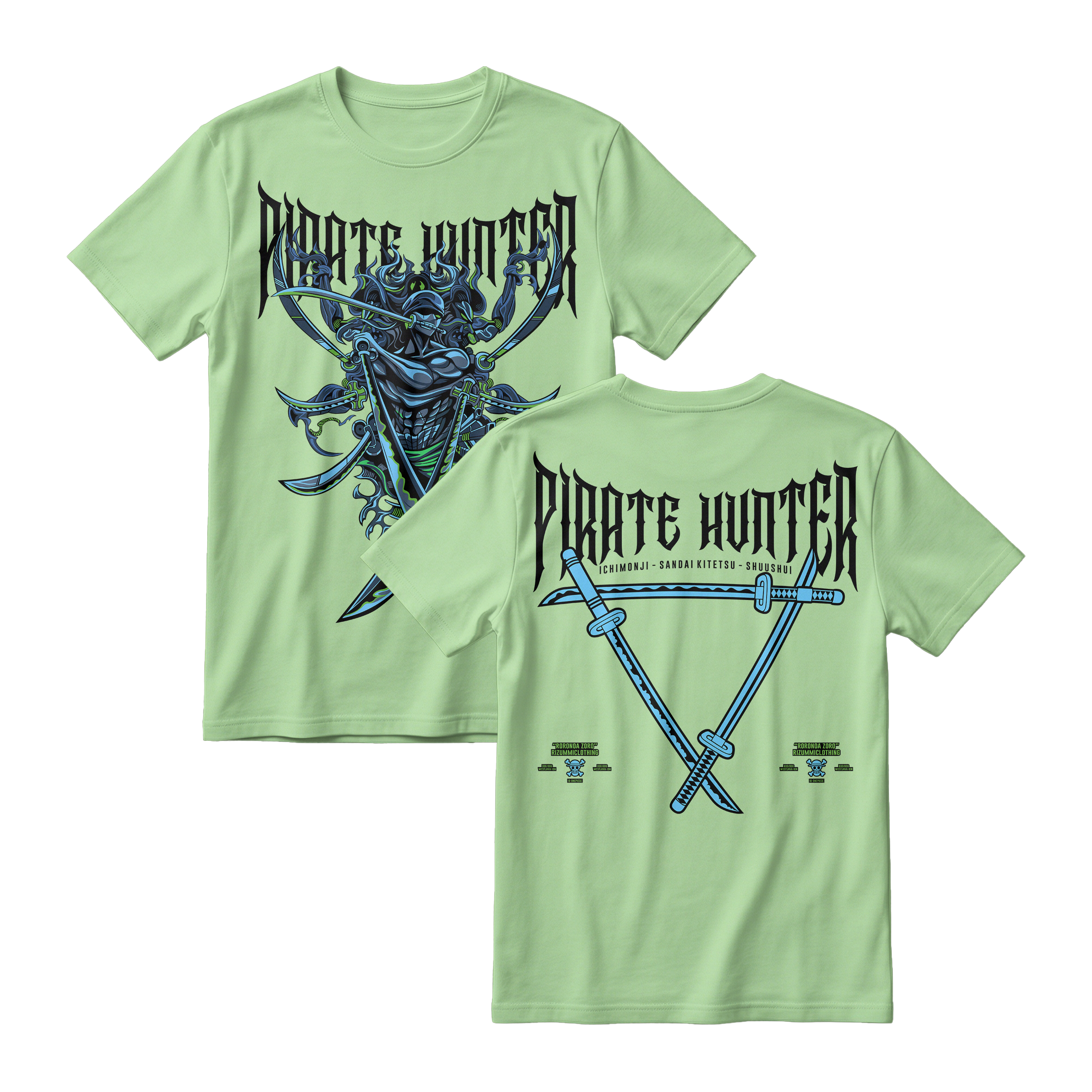 Anime One Piece Roronoa Zoro Pirates Hunter Short Sleeve Tee - AVOCADO