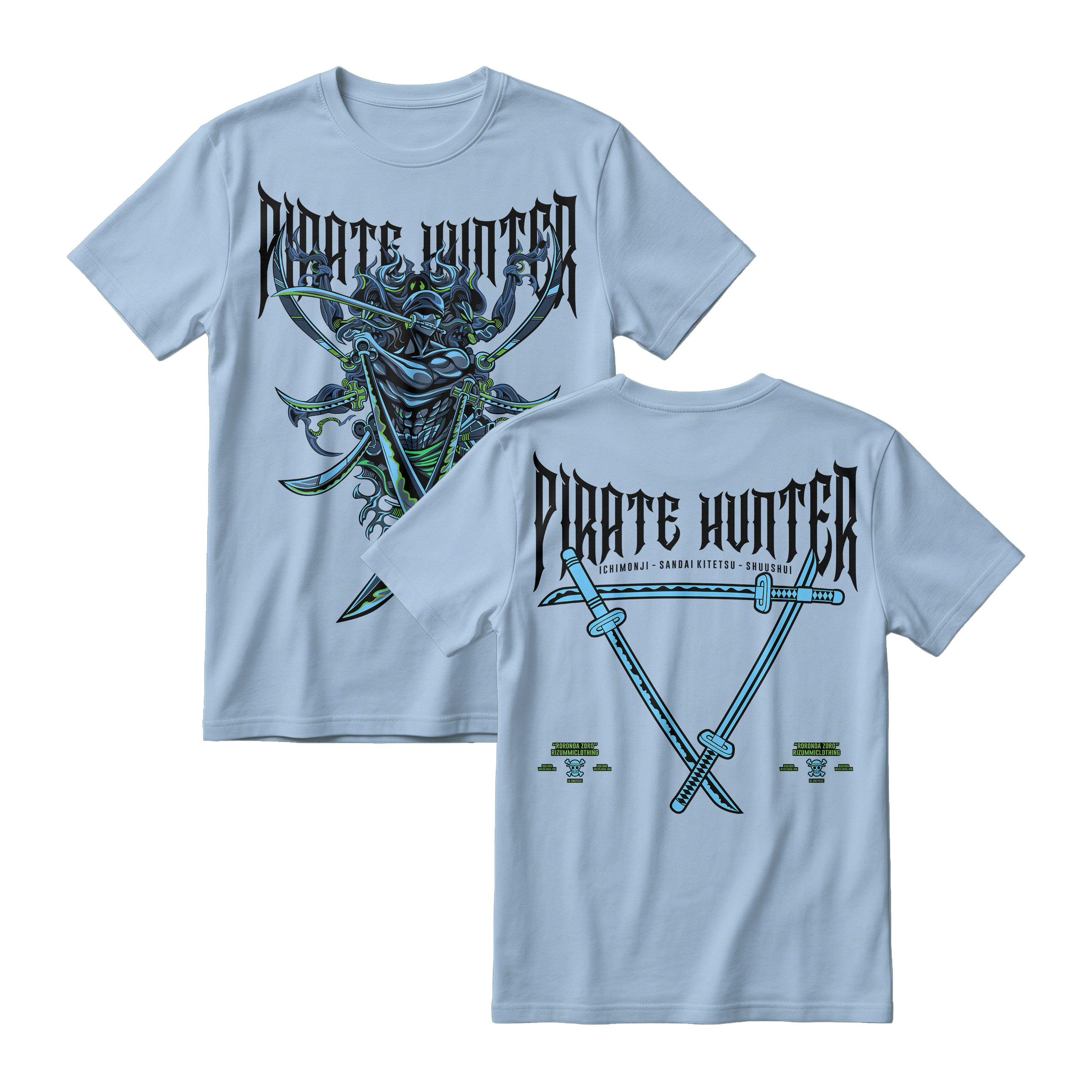 Anime One Piece Roronoa Zoro Pirates Hunter Short Sleeve Tee - BABY-BLUE