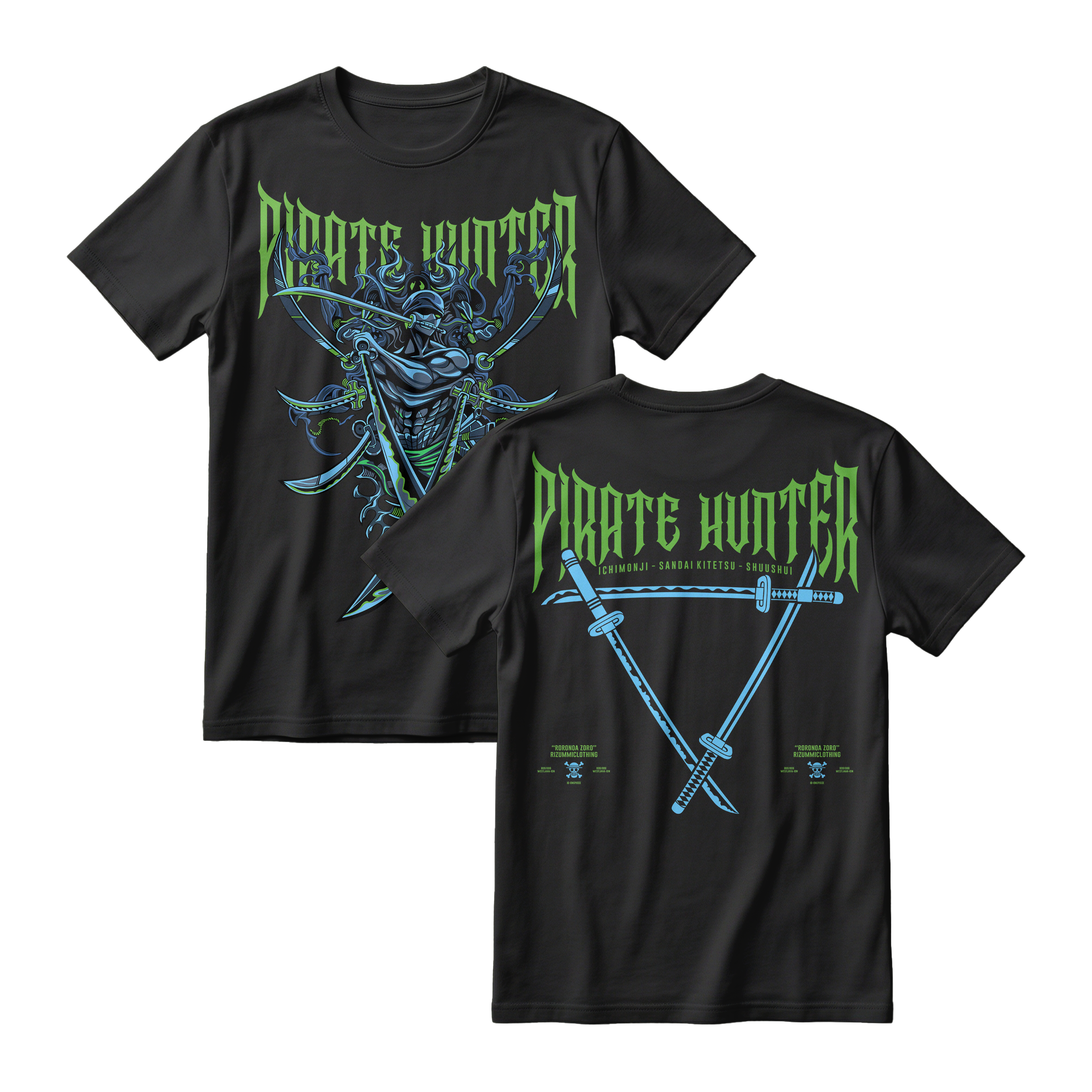 Anime One Piece Roronoa Zoro Pirates Hunter Short Sleeve Tee - BLACK