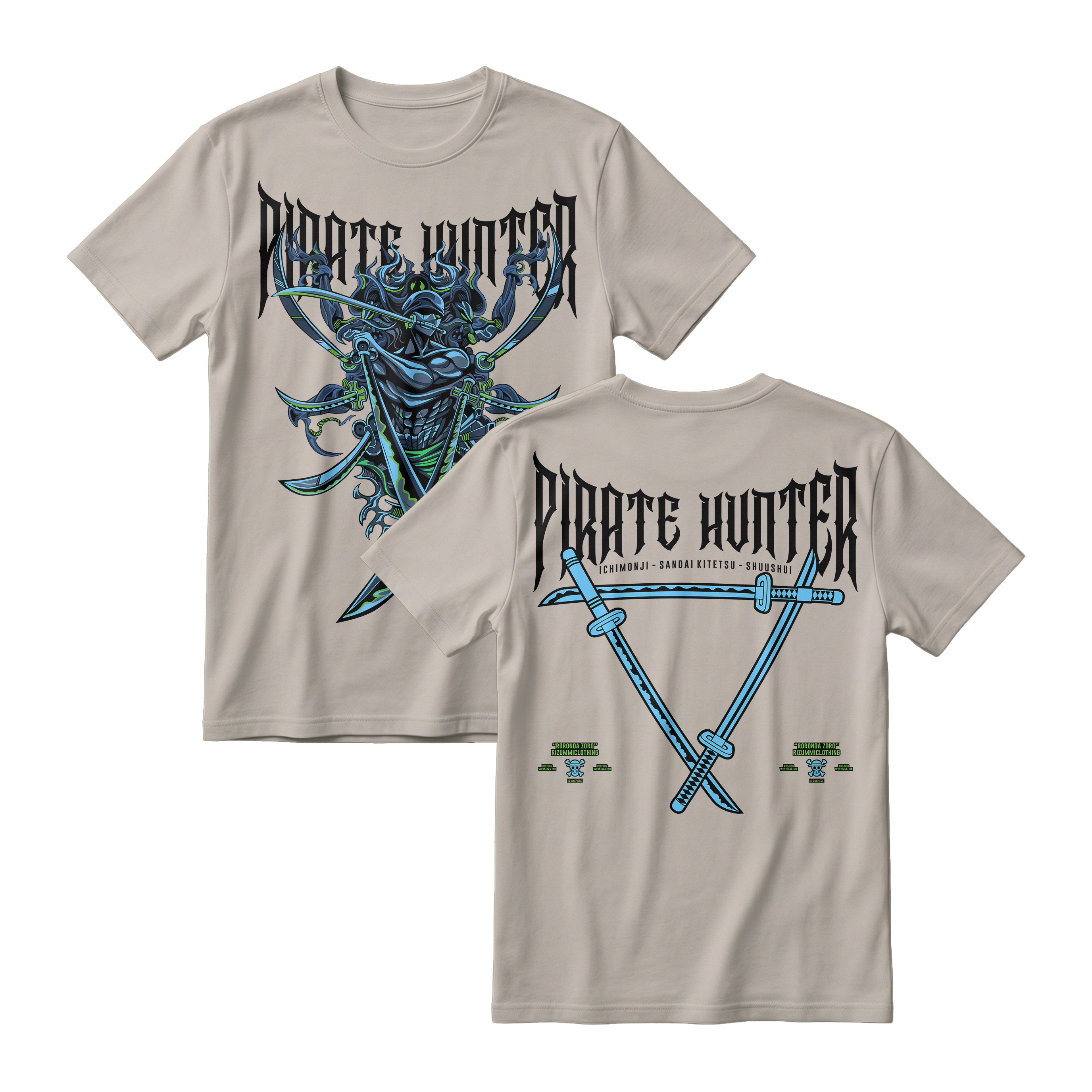 Anime One Piece Roronoa Zoro Pirates Hunter Short Sleeve Tee - BONE