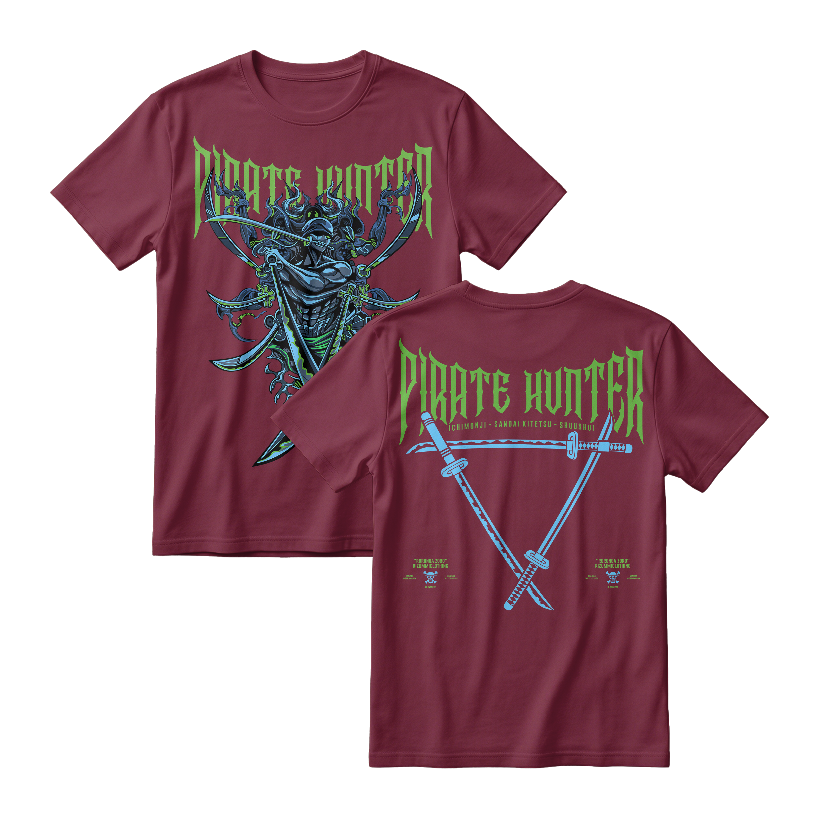 Anime One Piece Roronoa Zoro Pirates Hunter Short Sleeve Tee - BURGUNDY