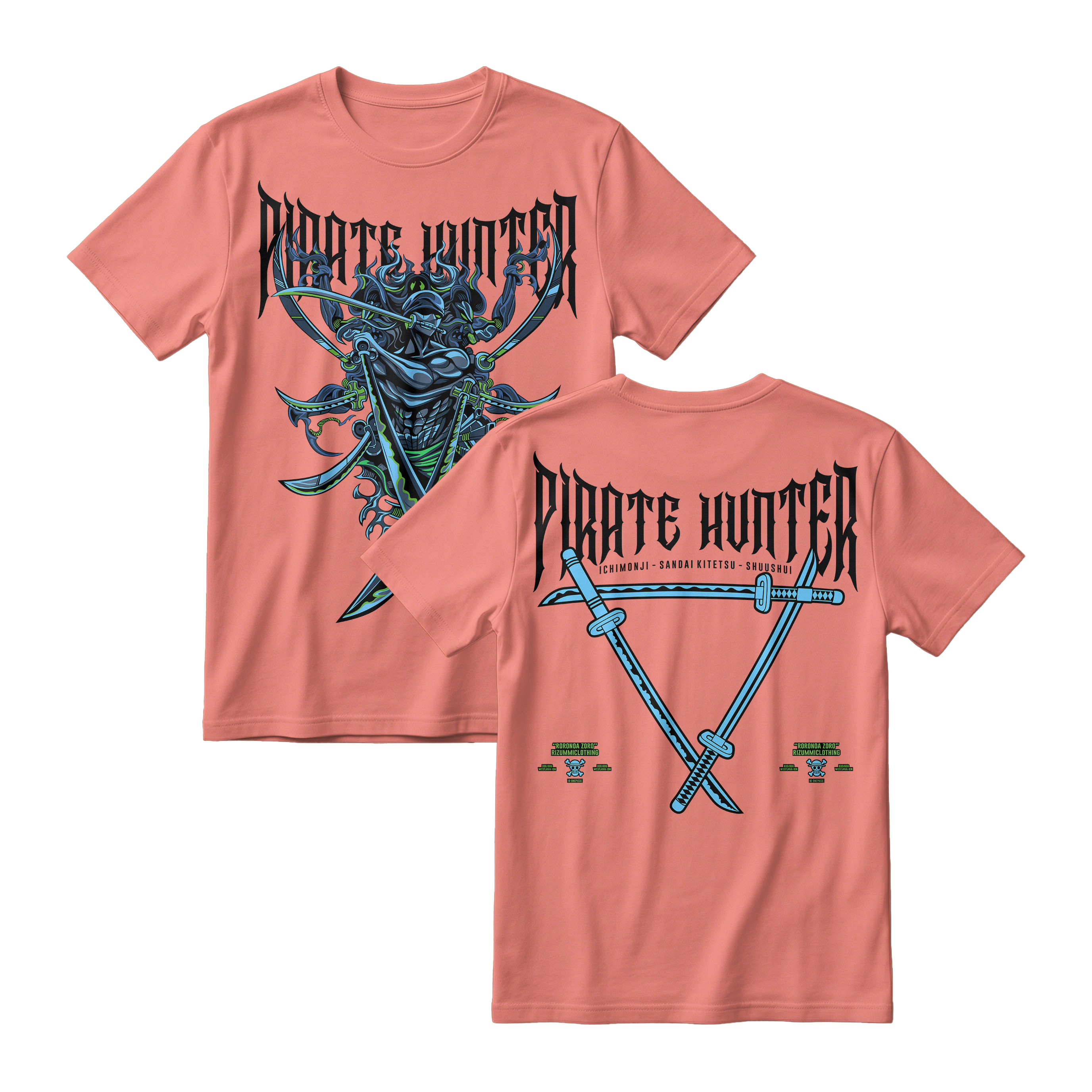 Anime One Piece Roronoa Zoro Pirates Hunter Short Sleeve Tee - CORAL