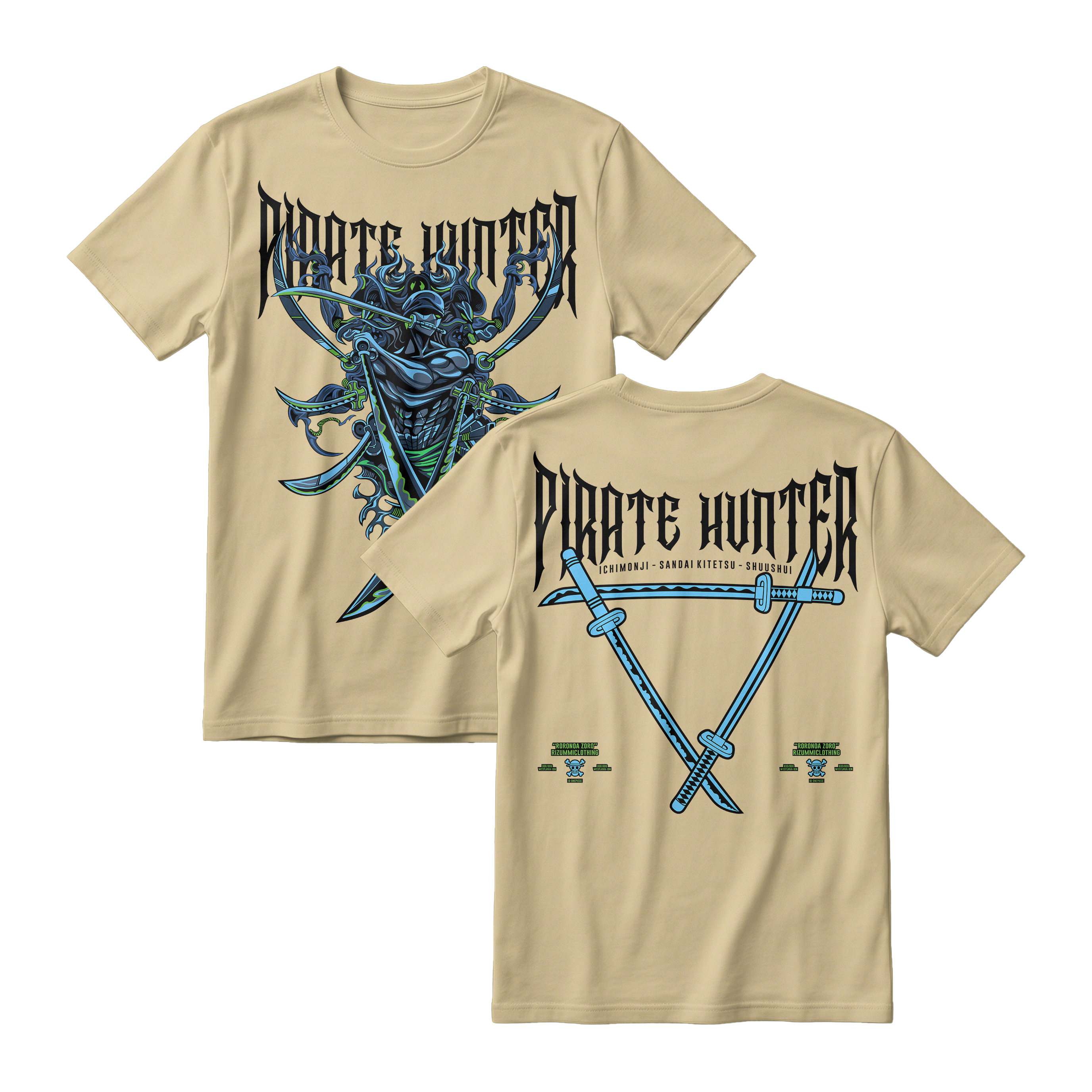Anime One Piece Roronoa Zoro Pirates Hunter Short Sleeve Tee - CREAM
