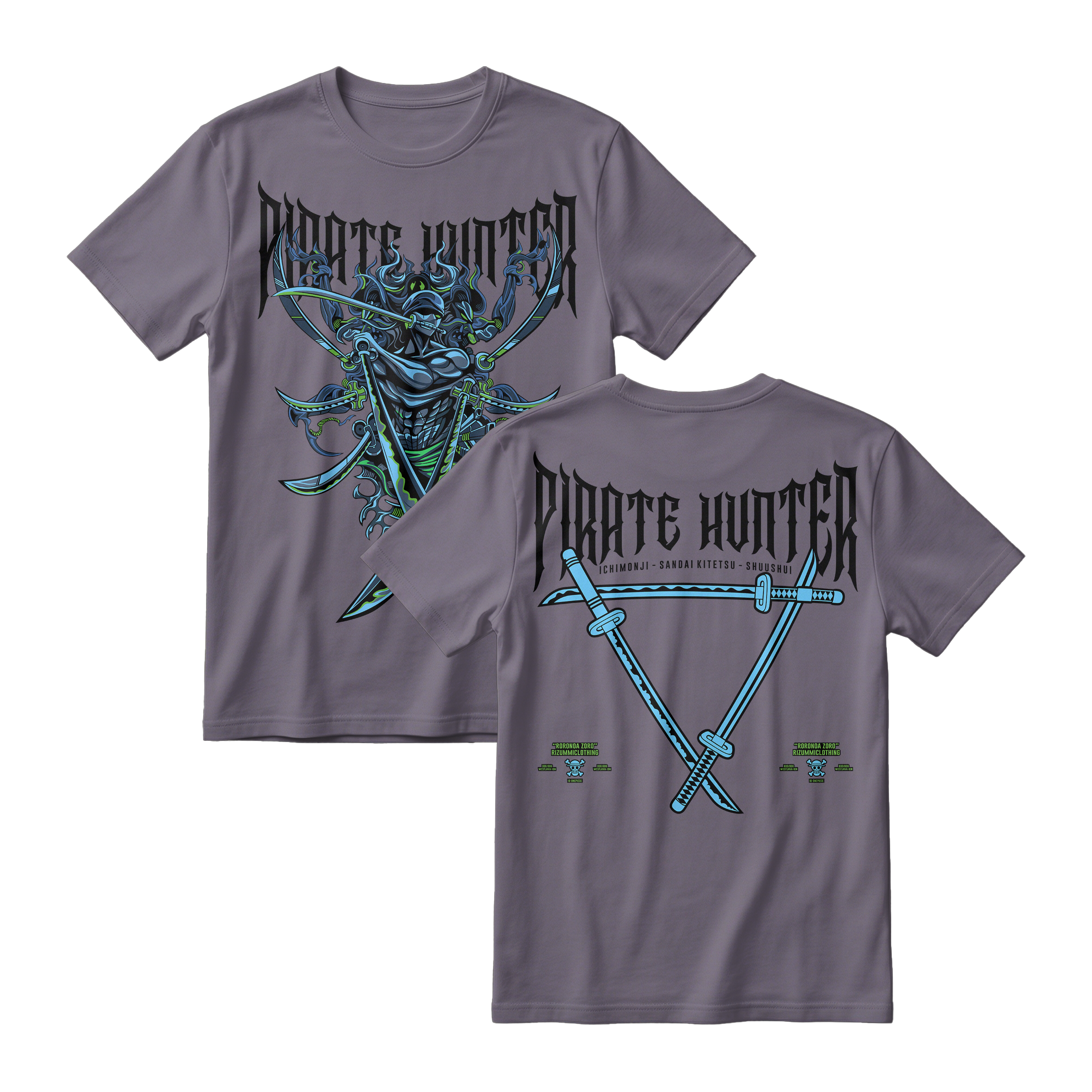 Anime One Piece Roronoa Zoro Pirates Hunter Short Sleeve Tee - DARK-GREY
