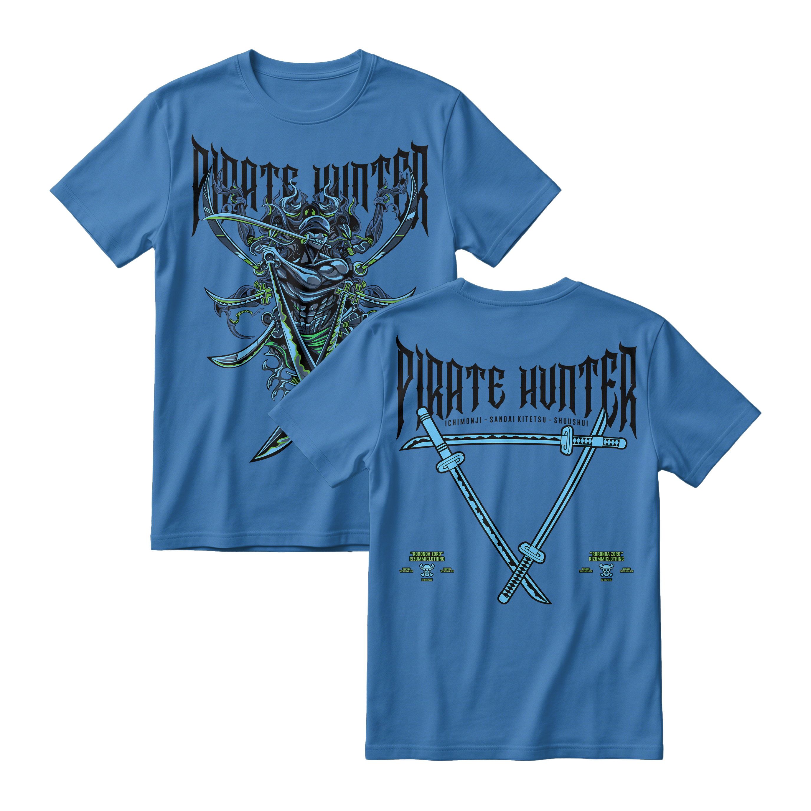 Anime One Piece Roronoa Zoro Pirates Hunter Short Sleeve Tee - DEEP-BLUE