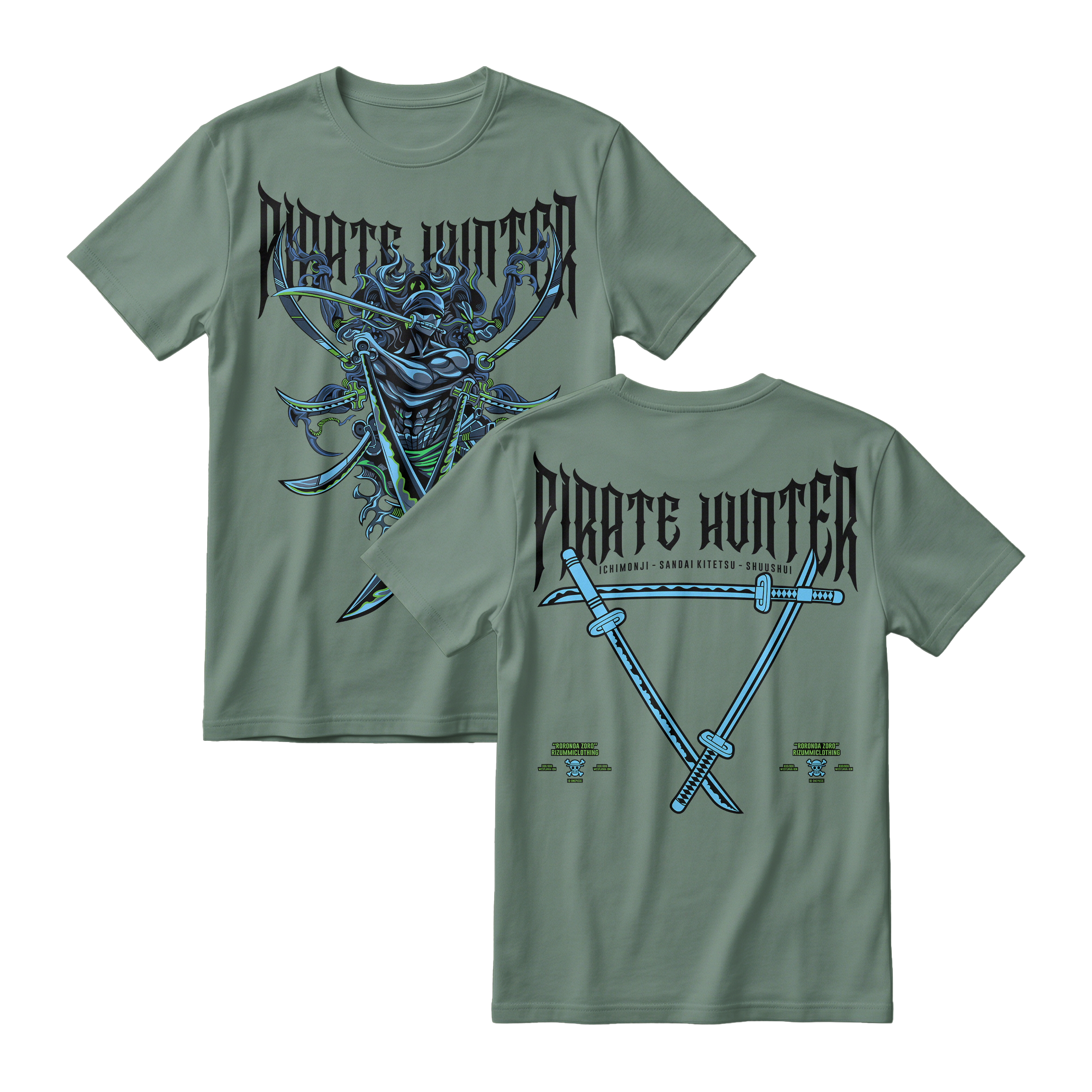 Anime One Piece Roronoa Zoro Pirates Hunter Short Sleeve Tee - GREEN-ALGAE