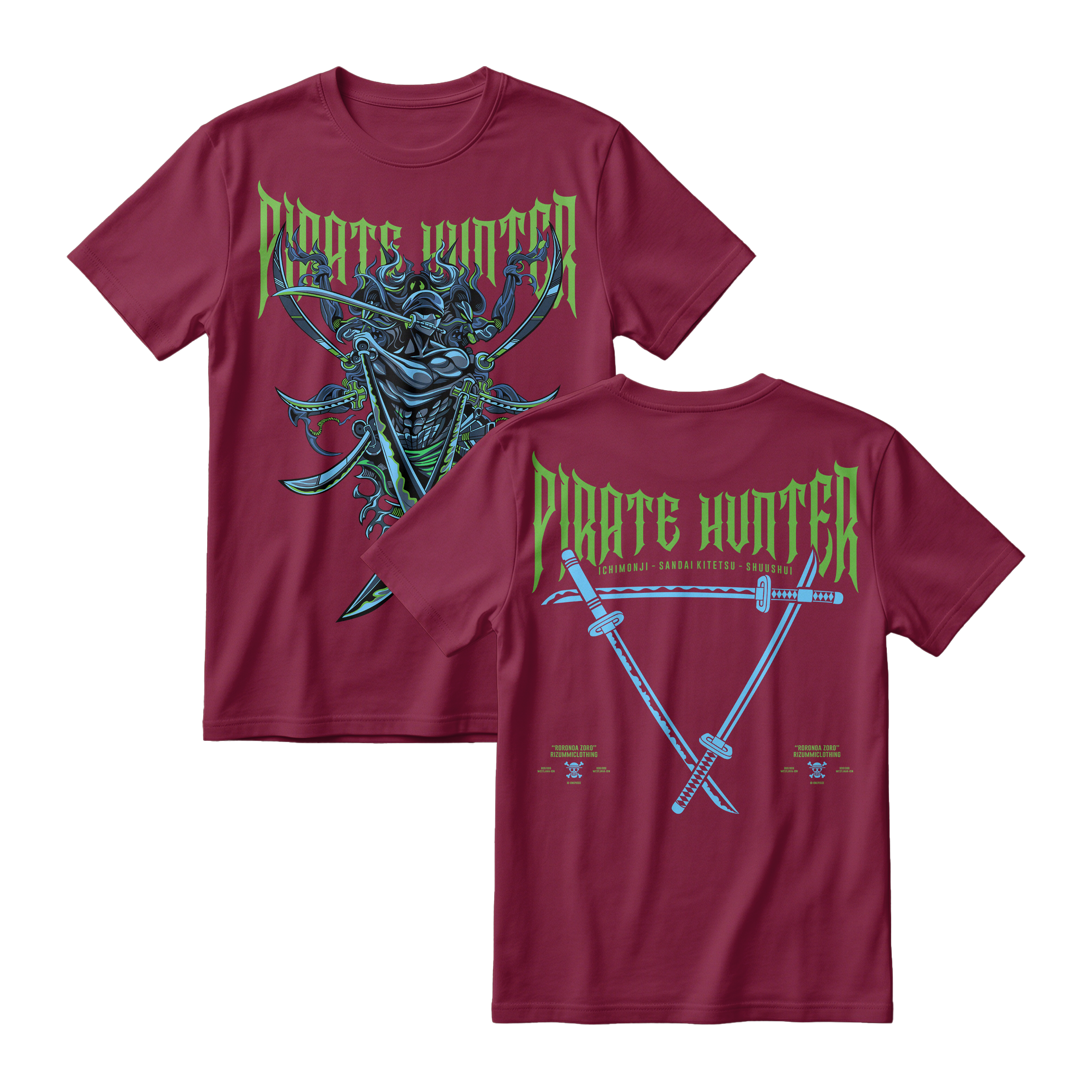 Anime One Piece Roronoa Zoro Pirates Hunter Short Sleeve Tee - MAROON